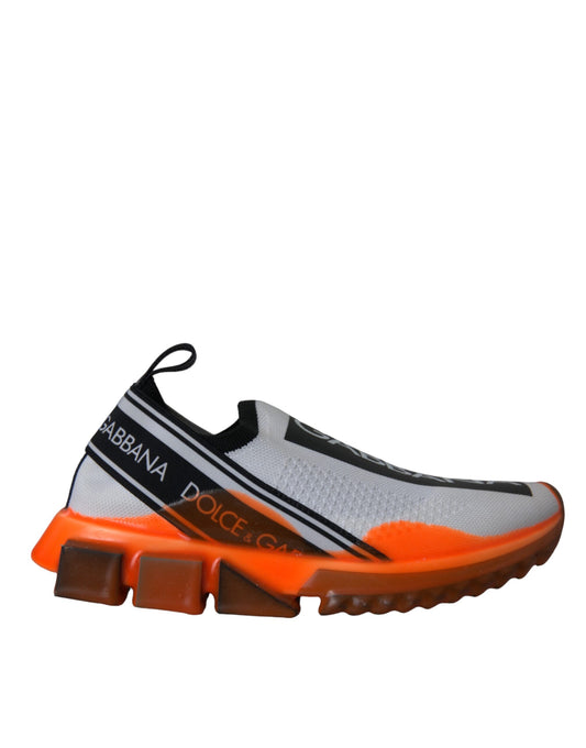 Orange and white sneaker with black laces