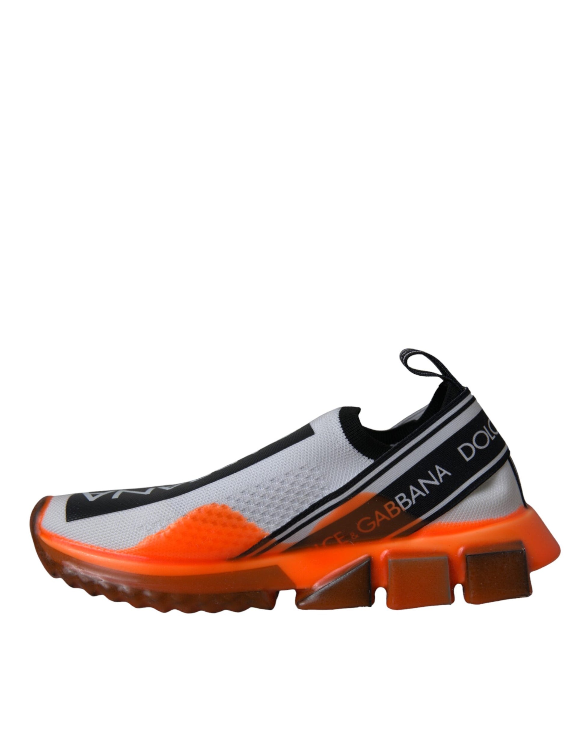 A pair of sneakers with a color scheme that includes white, black, and orange accents. There is visible branding on the s