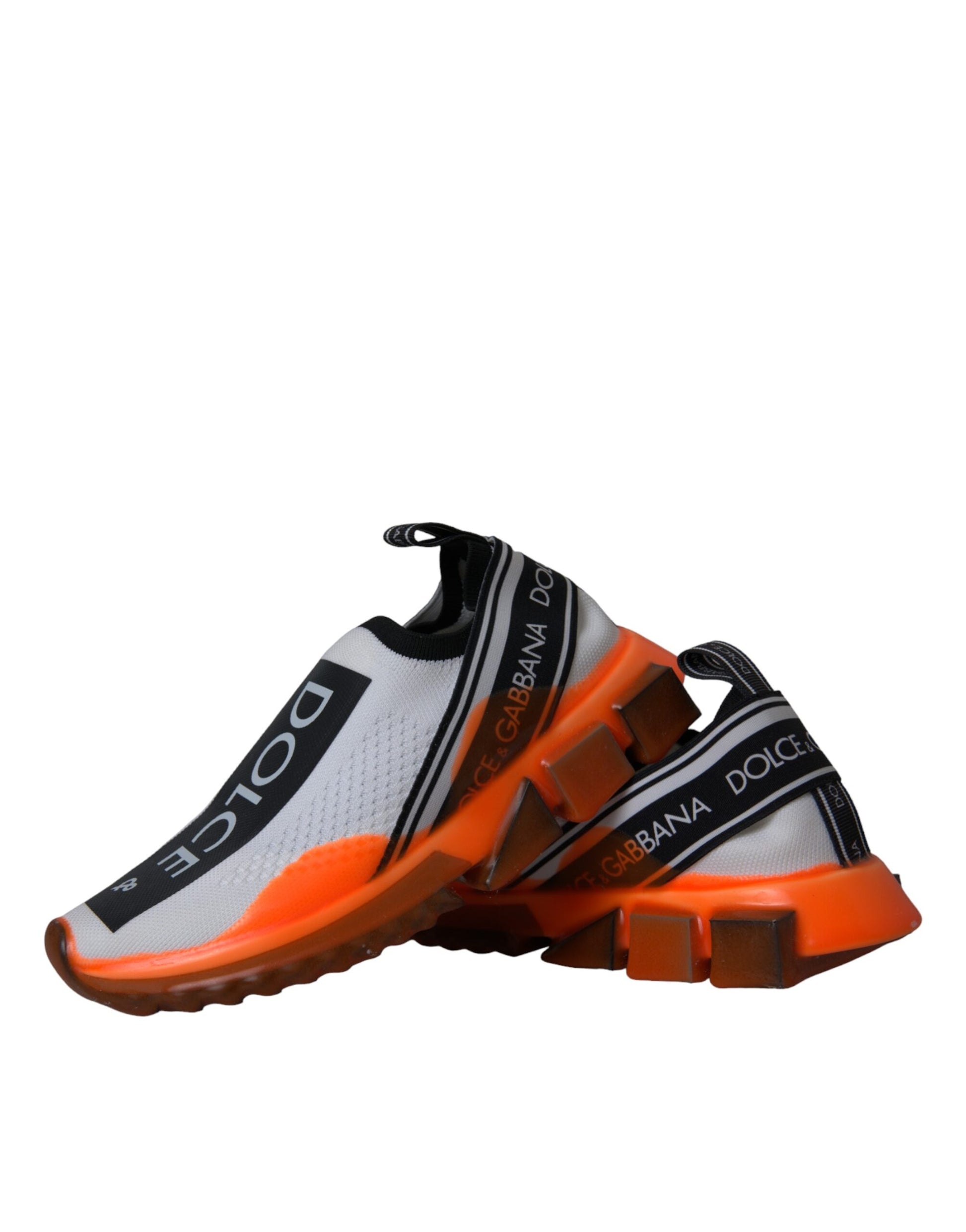 Pair of orange and white sneakers with black laces and a black stripe on the side