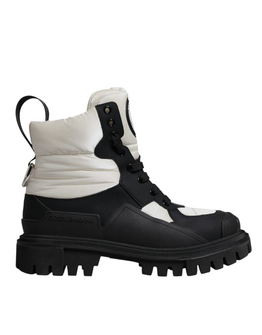 Black and white lace up boots with thick soles