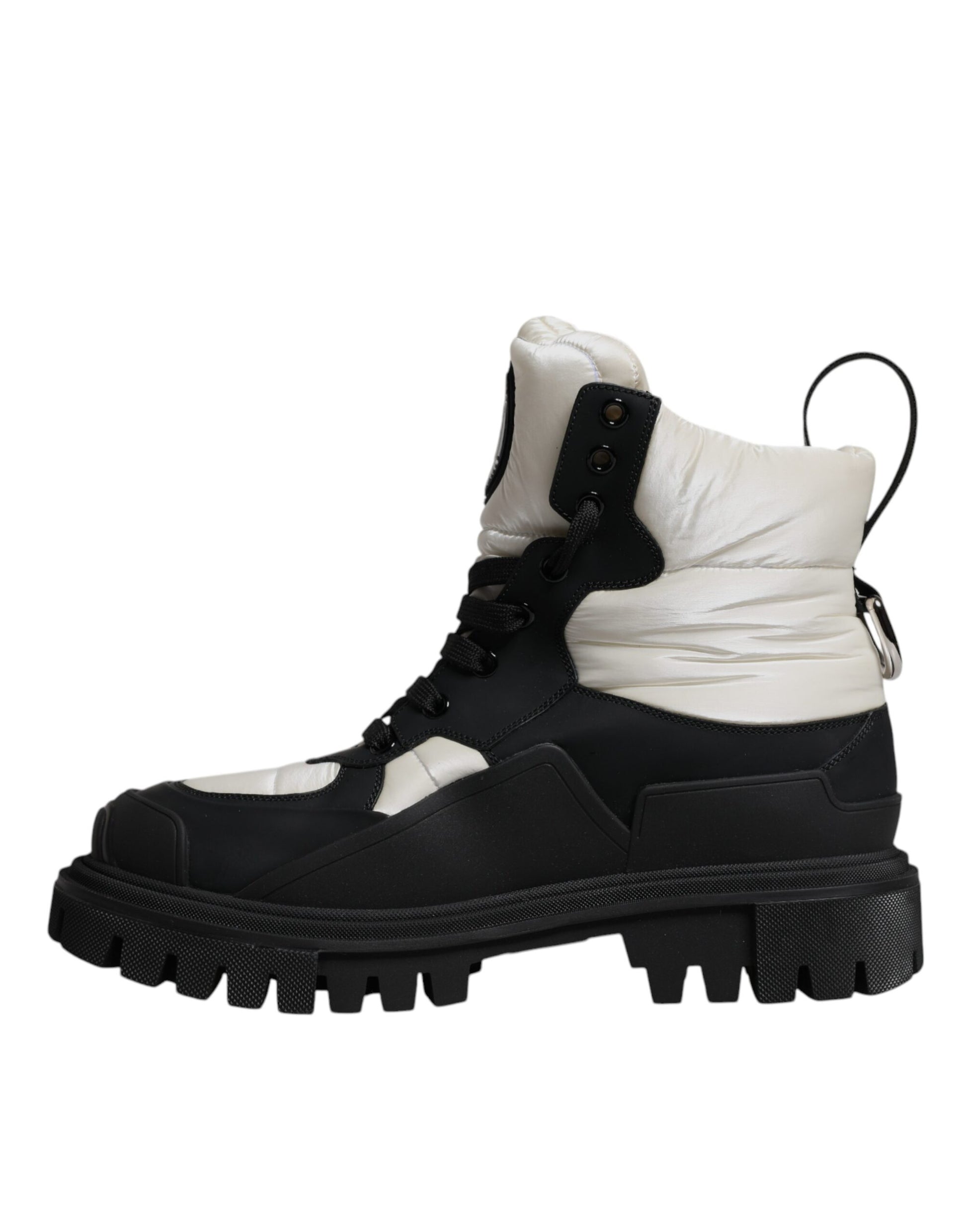 Black and white boot with laces and straps
