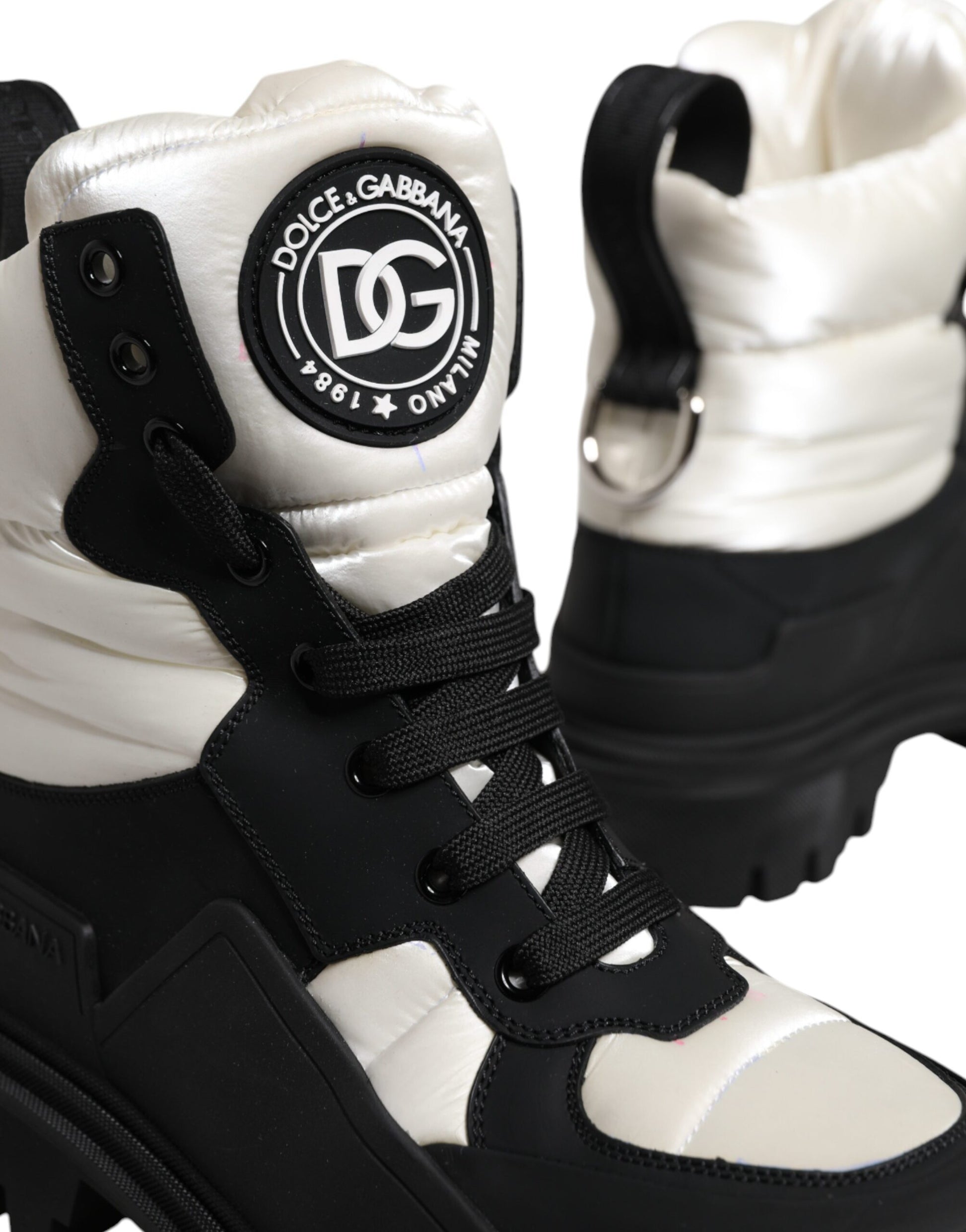Black and white high top sneaker with laces