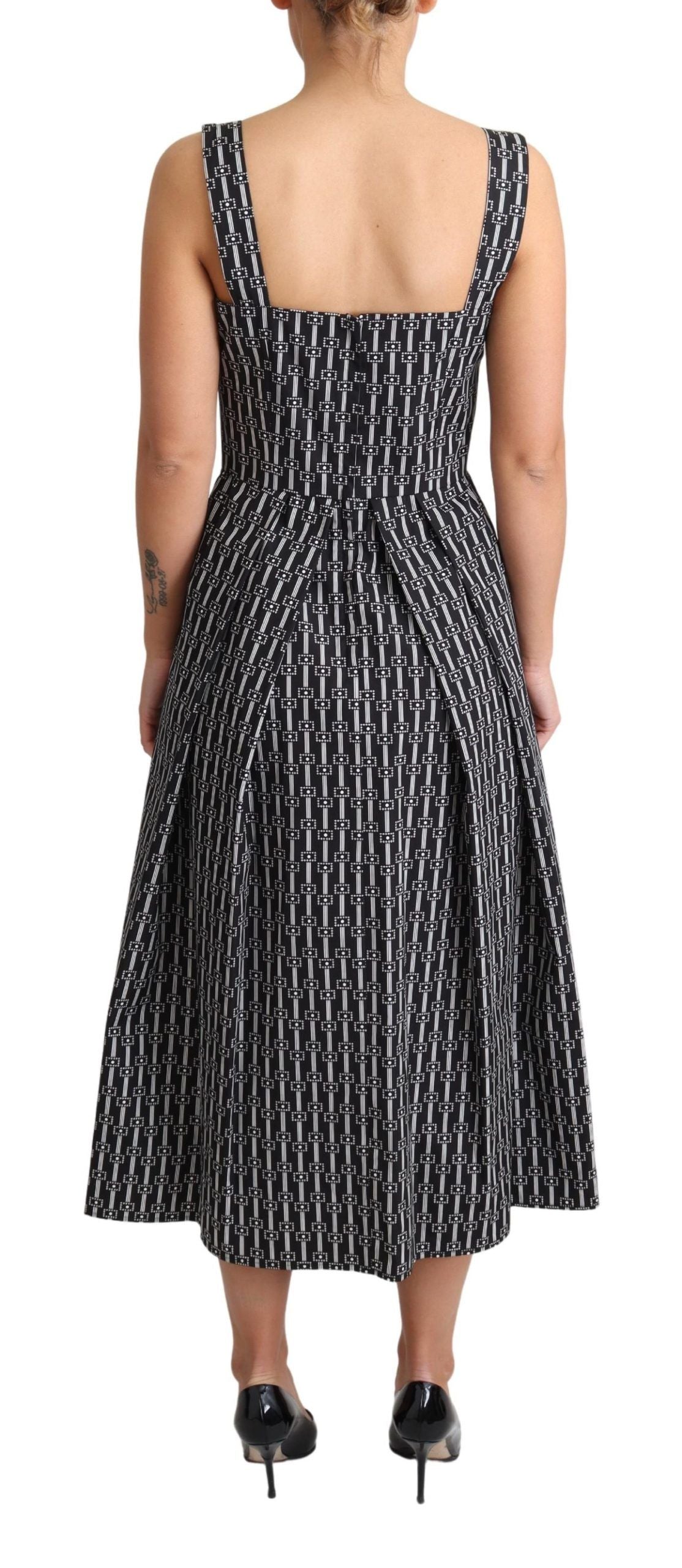 A black and white patterned cotton dress with an A-line silhouette