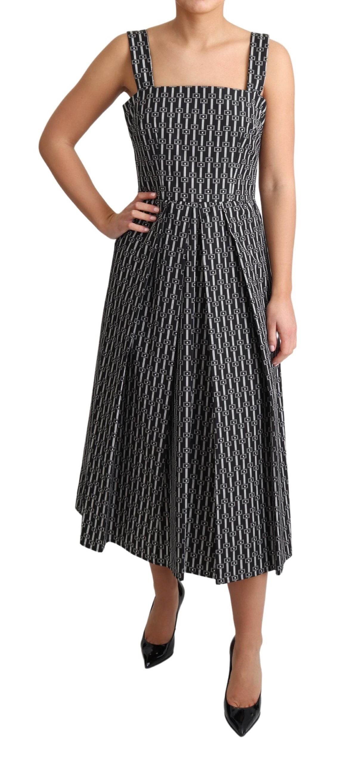 A black and white patterned cotton dress with an A-line silhouette
