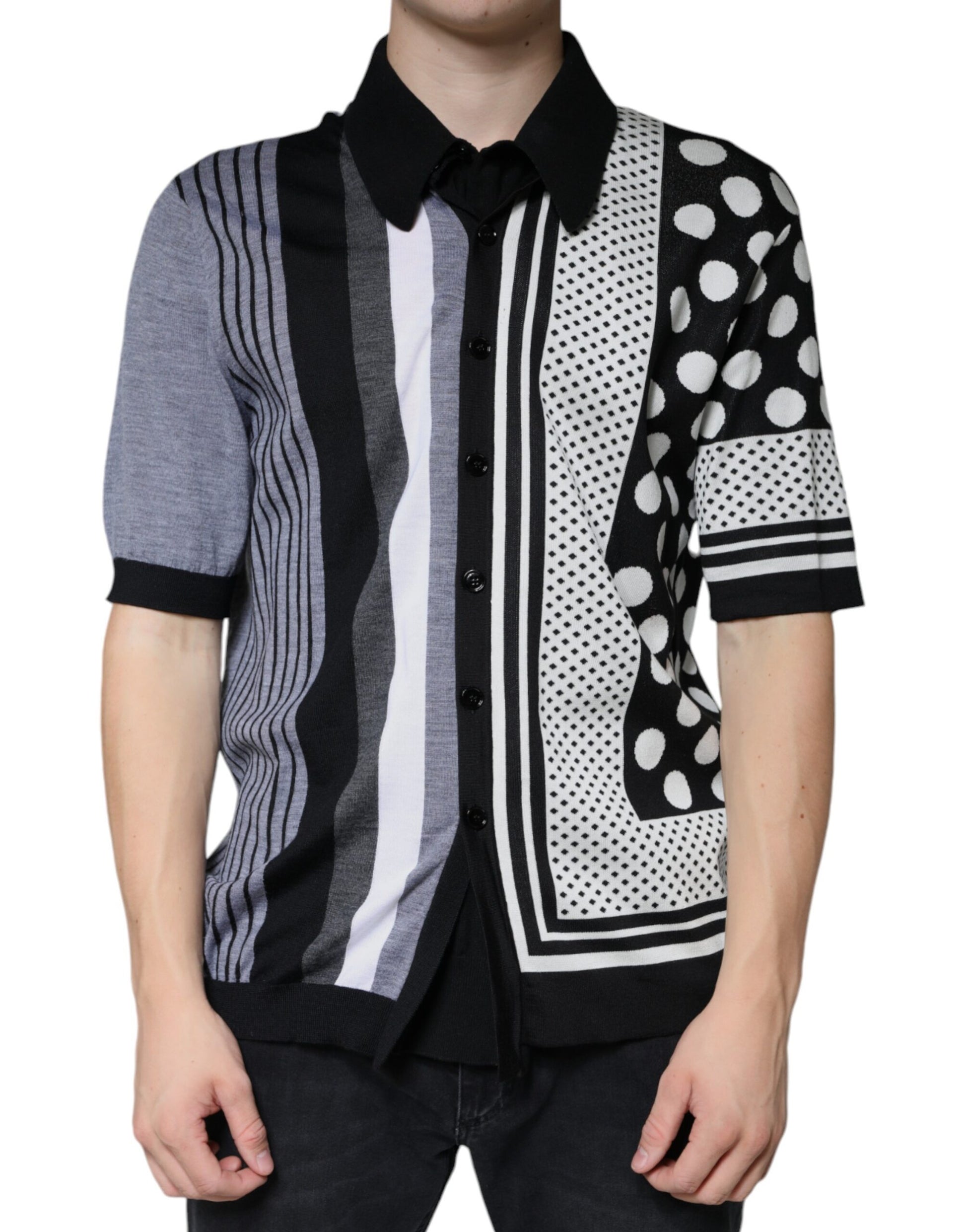Man wearing a colorful striped shirt with polka dots