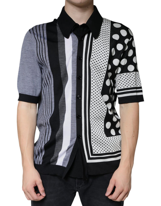 The shirt is colorful with a pattern of polka dots and stripes