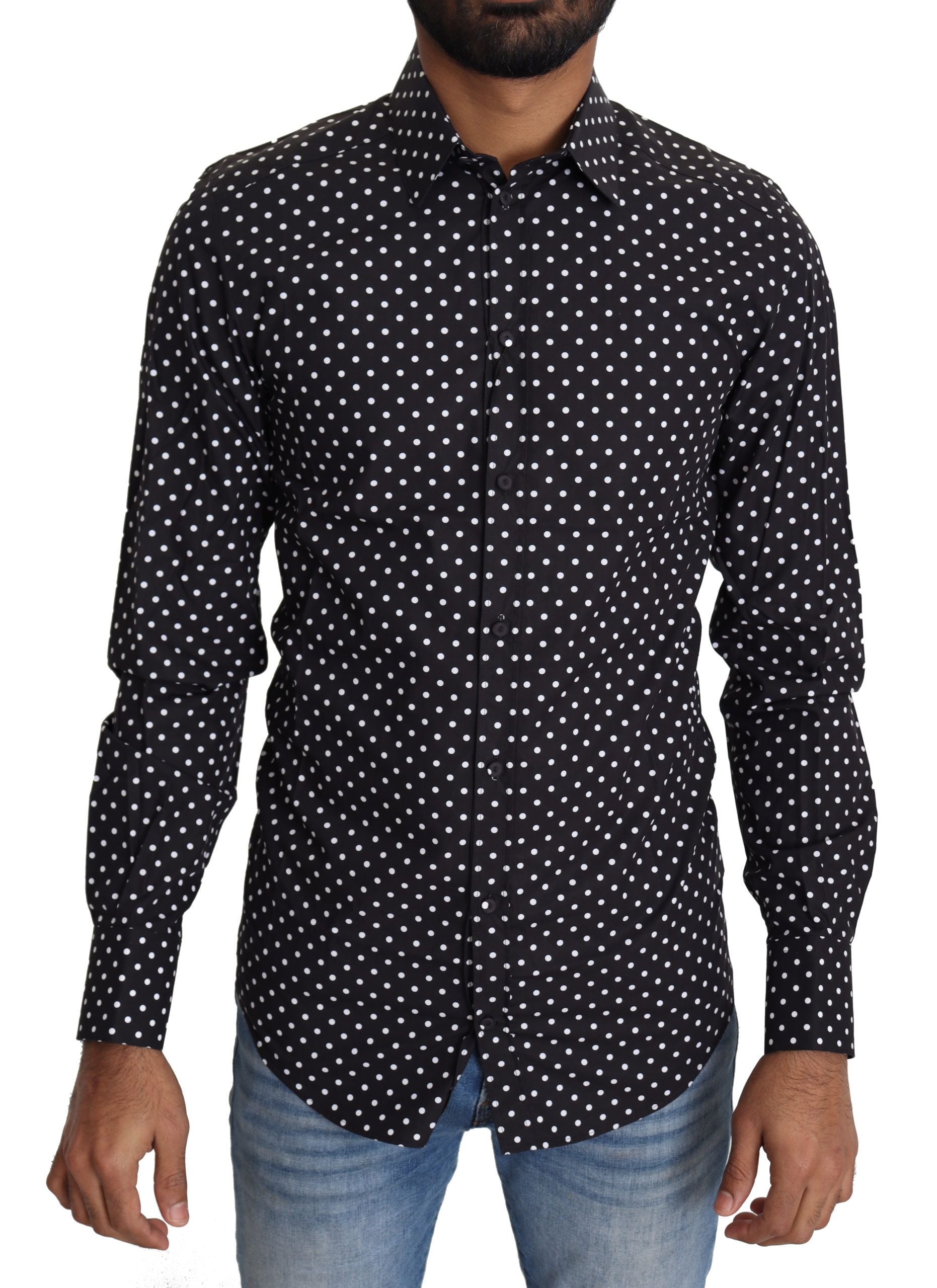 Man wearing polka dot shirt