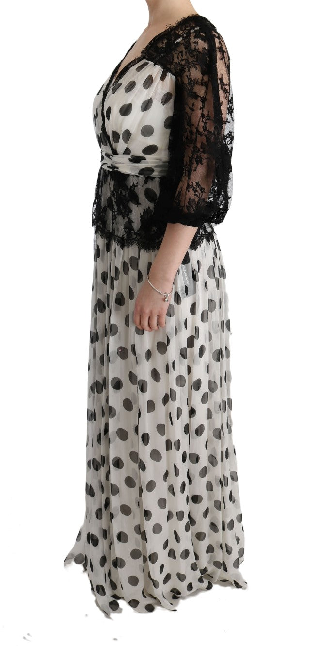 Long black and white dress with lace detailing