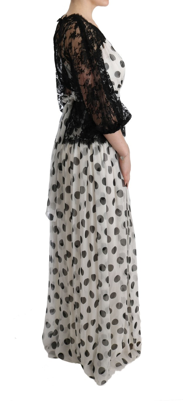 Long black and white dress with lace sleeves
