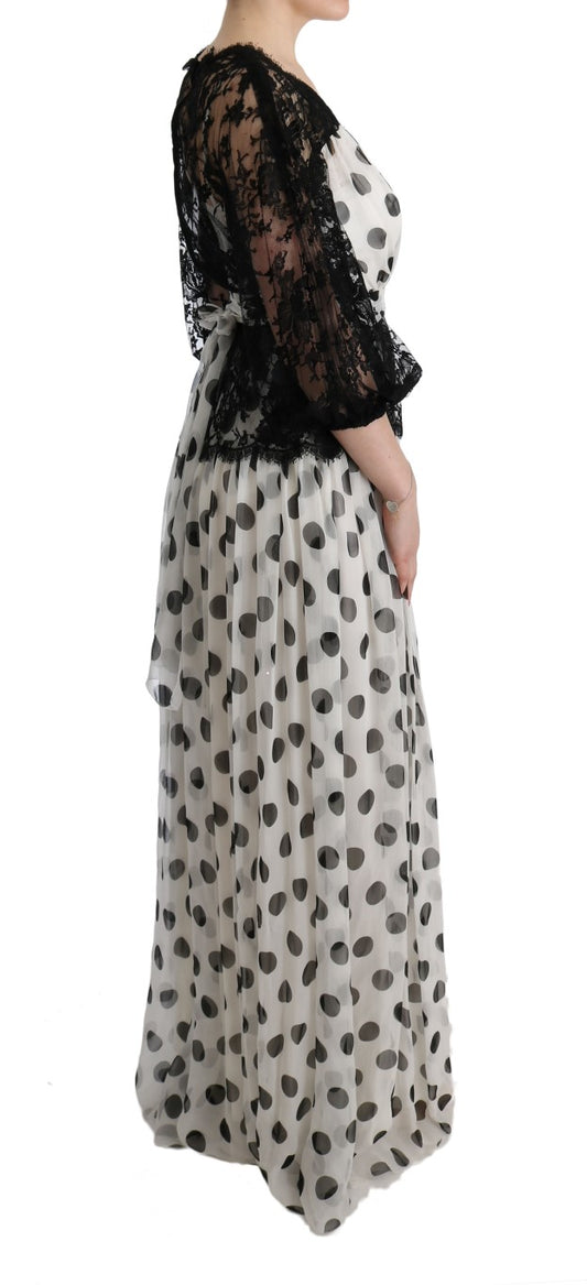 Long black and white dress with lace sleeves