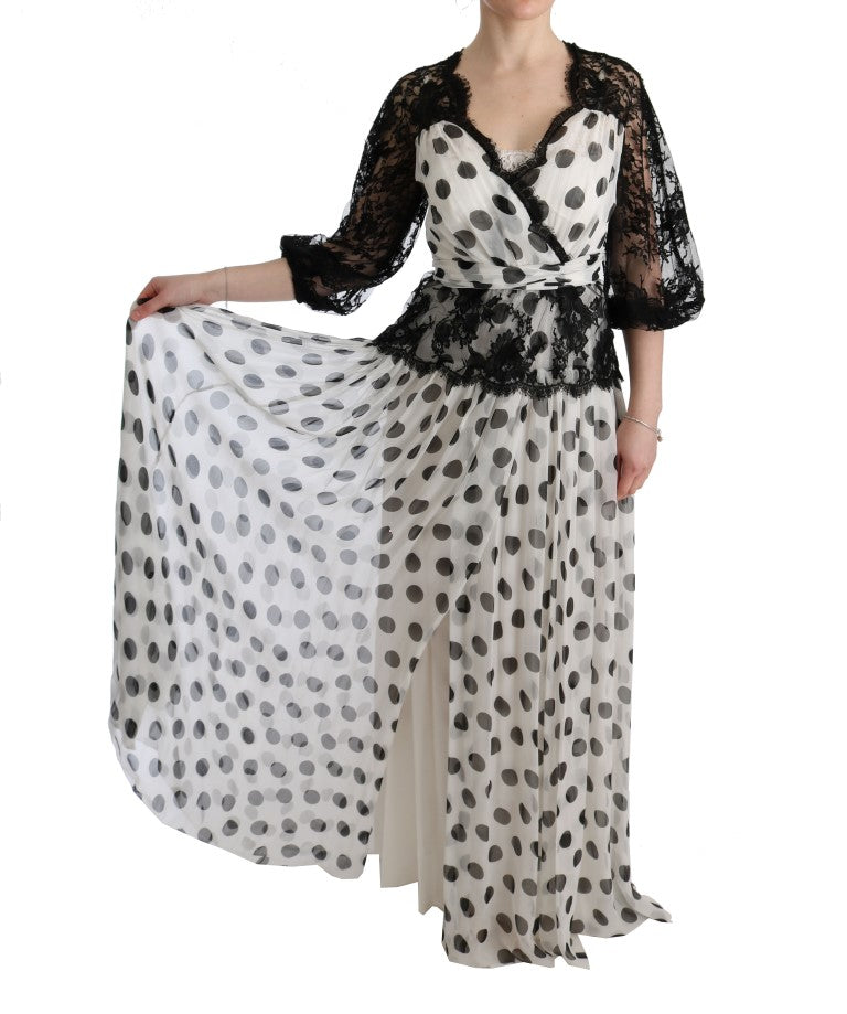 Long black and white polka dot dress with long train