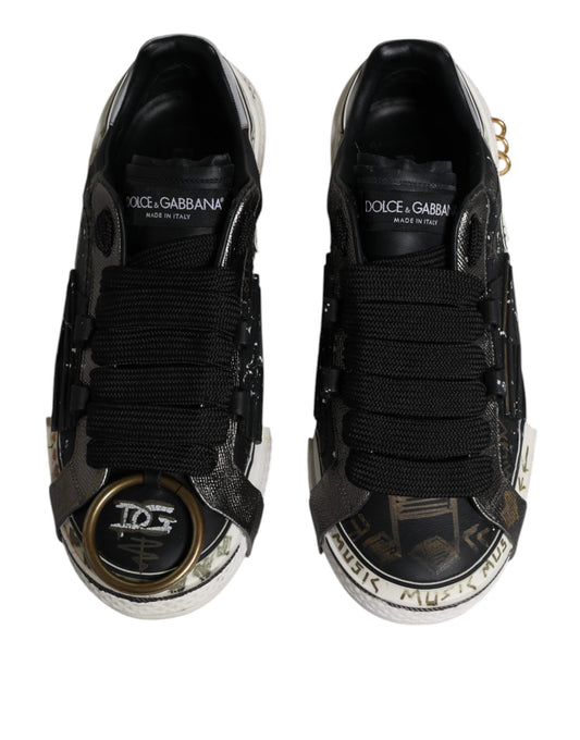 Pair of black and white sneakers with gold accents, featuring a unique design on the side