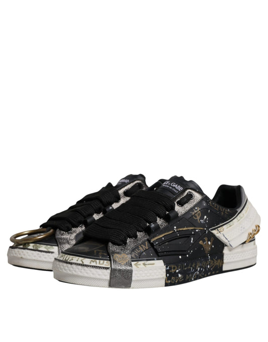 Black and white sneakers with gold accents, featuring a patterned design on the side