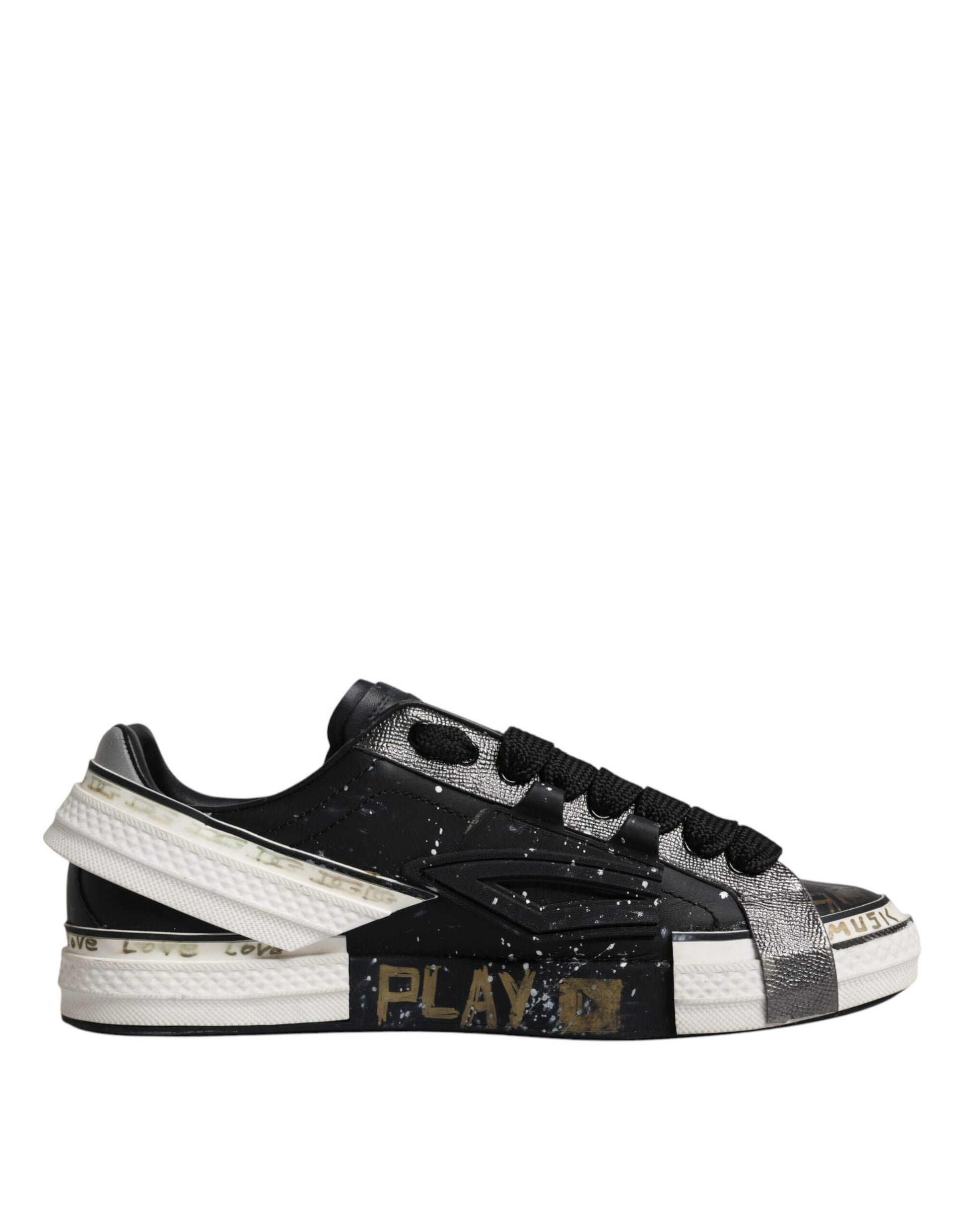 A pair of black and white sneakers with a play logo on the side, designed by Dolce & Gabbana