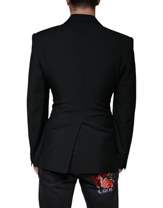 A black single-breasted blazer with a floral embroidery on the back