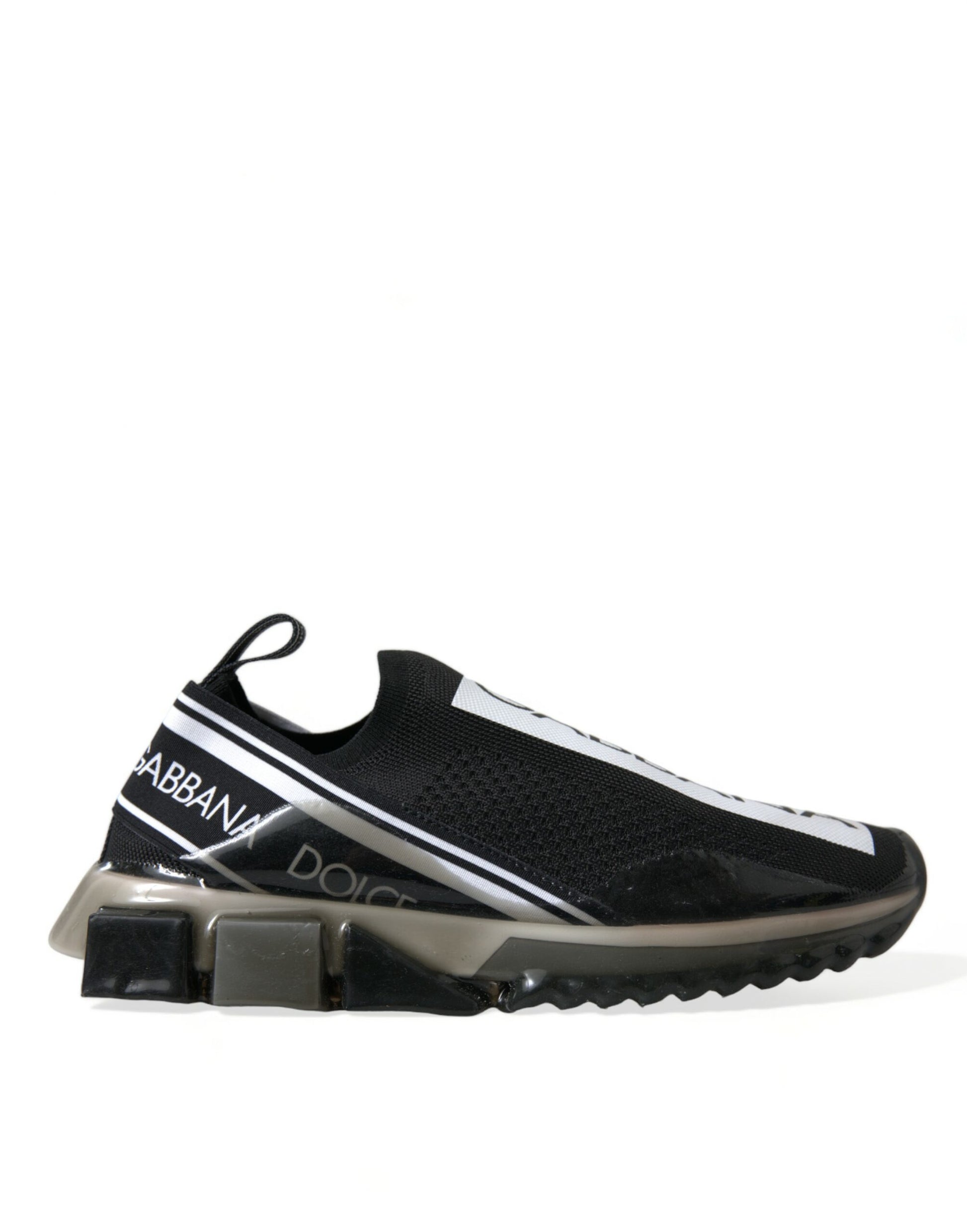 Black and white athletic shoe with brand name on side