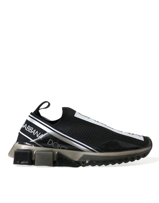 Black and white athletic shoe with brand name on side