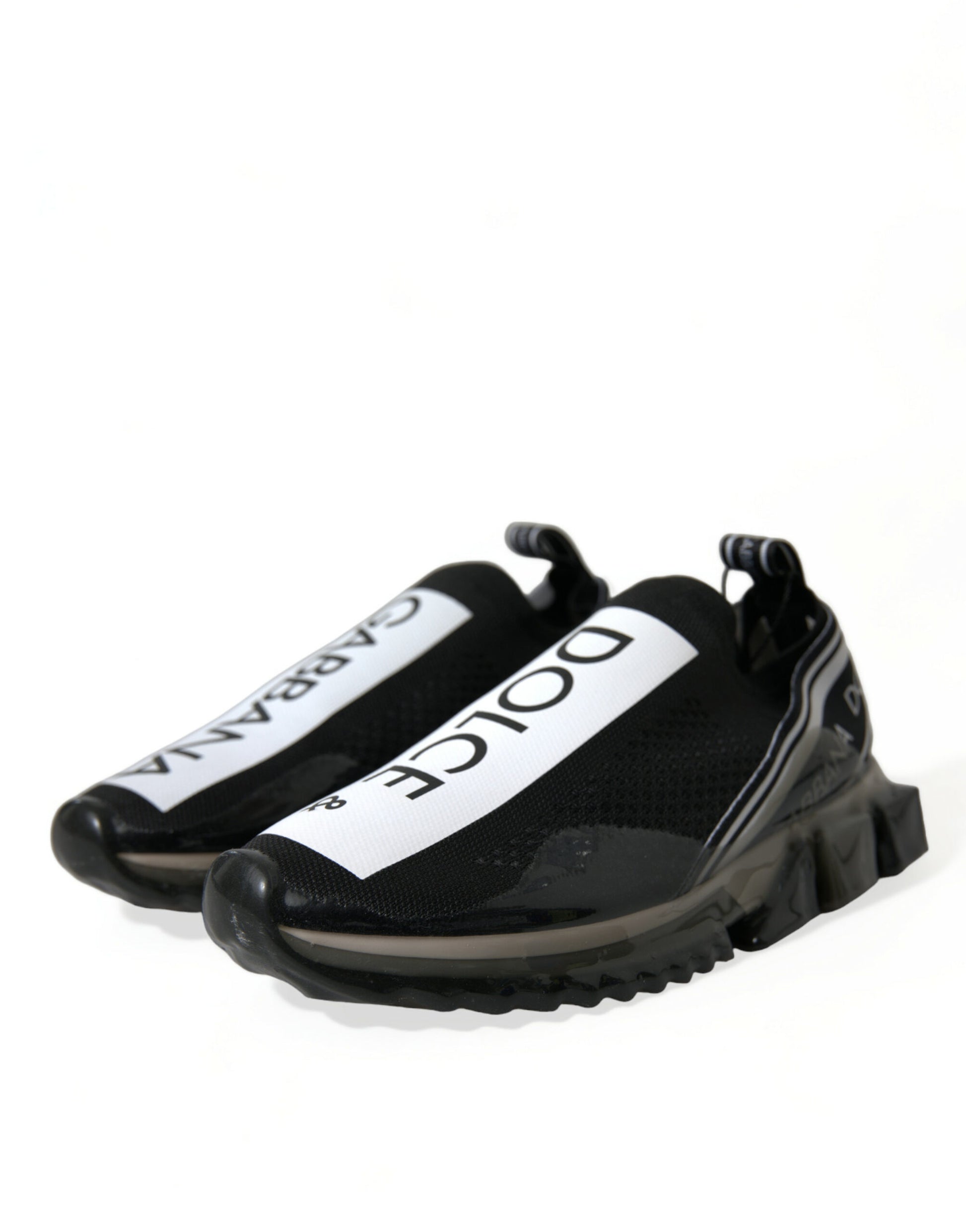 Pair of black and white sneakers with white stripes on sides