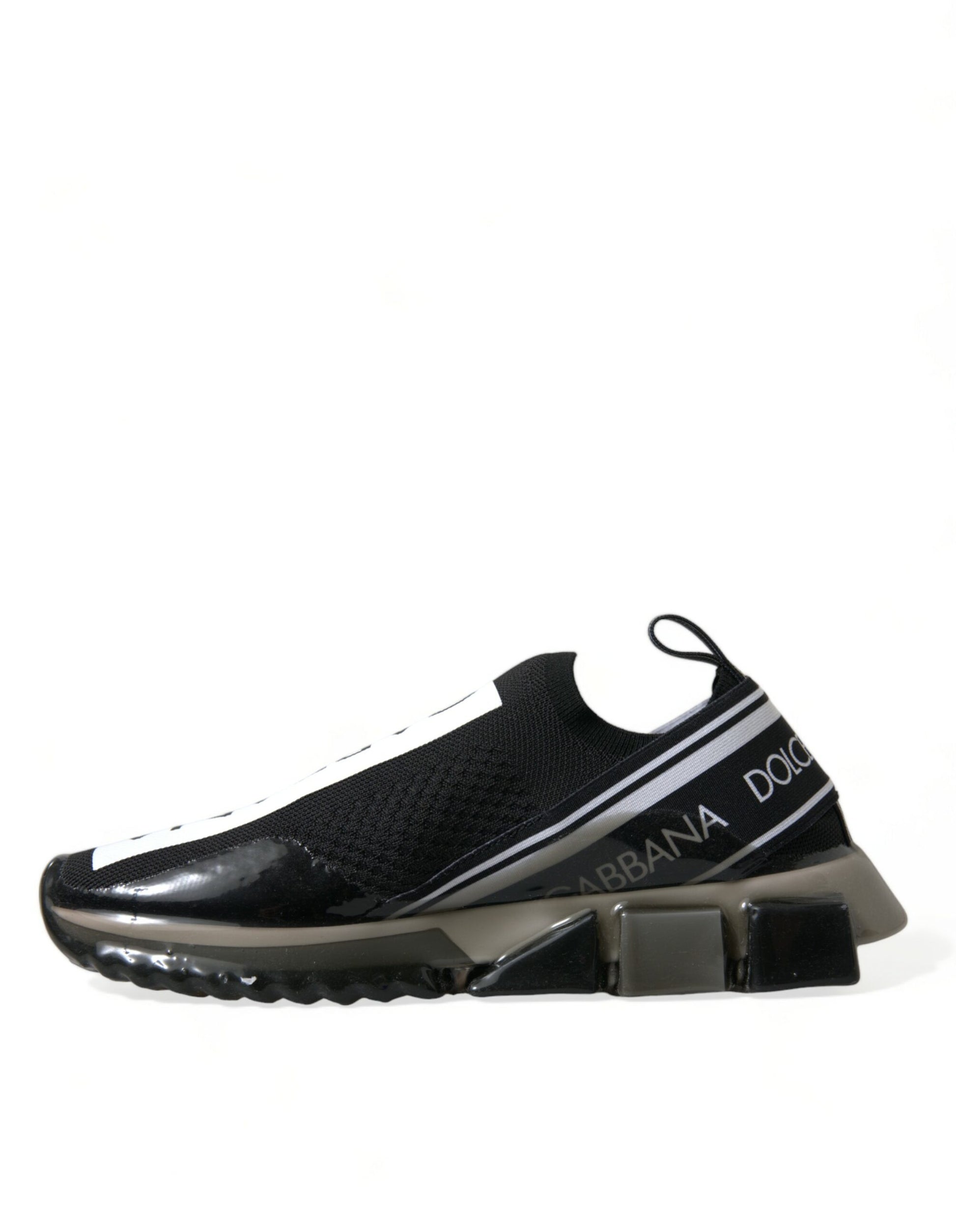 Black and white sneaker with a logo on the side