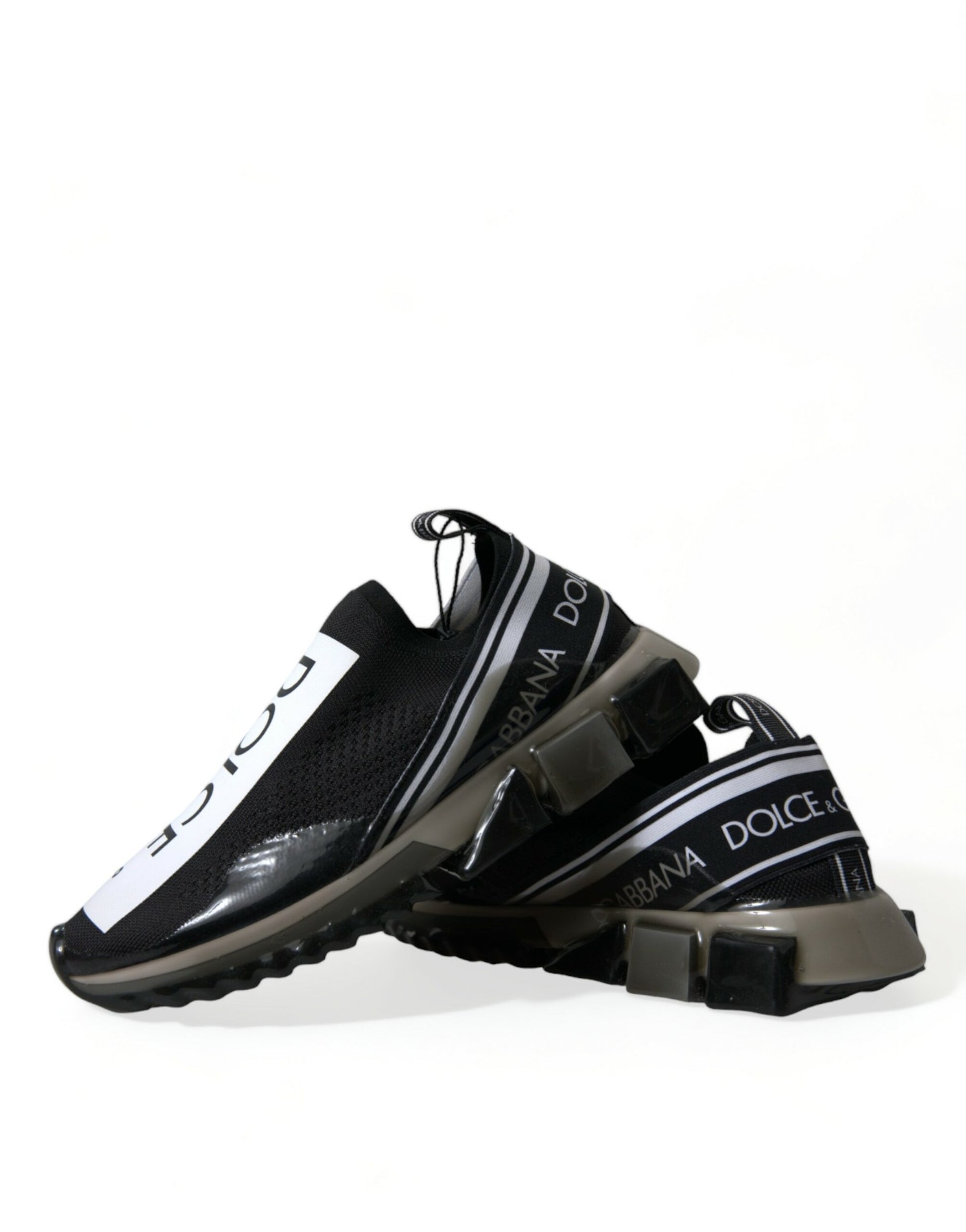 Black and white sneakers with a logo on the side