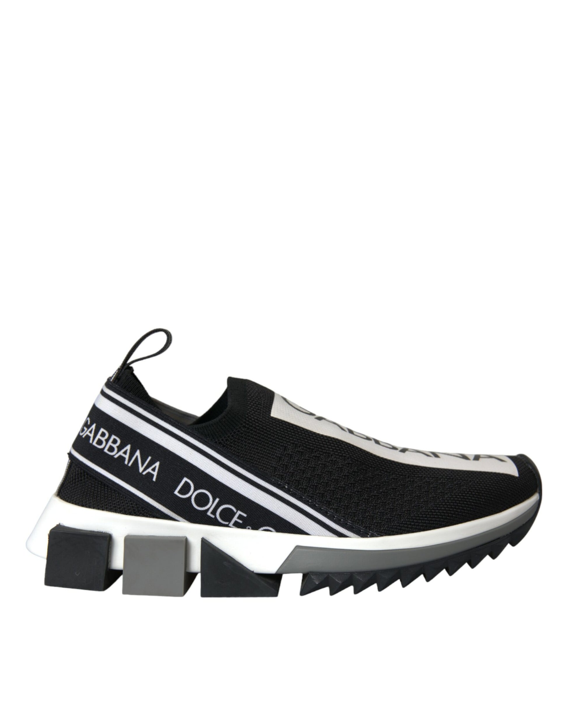 Black and white sneaker with brand name on side