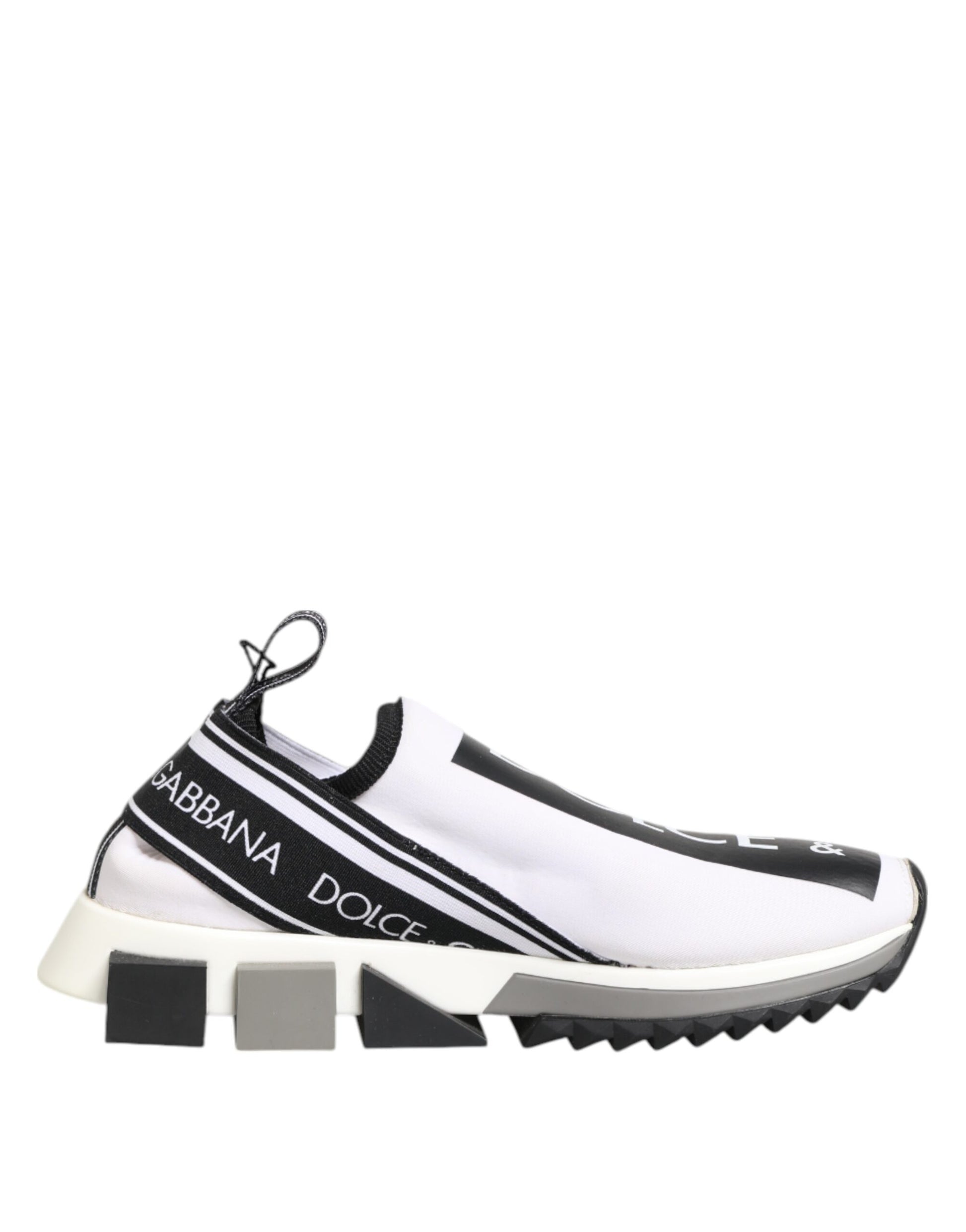 A pair of black and white slip-on shoes with the Dolce & Gabbana logo