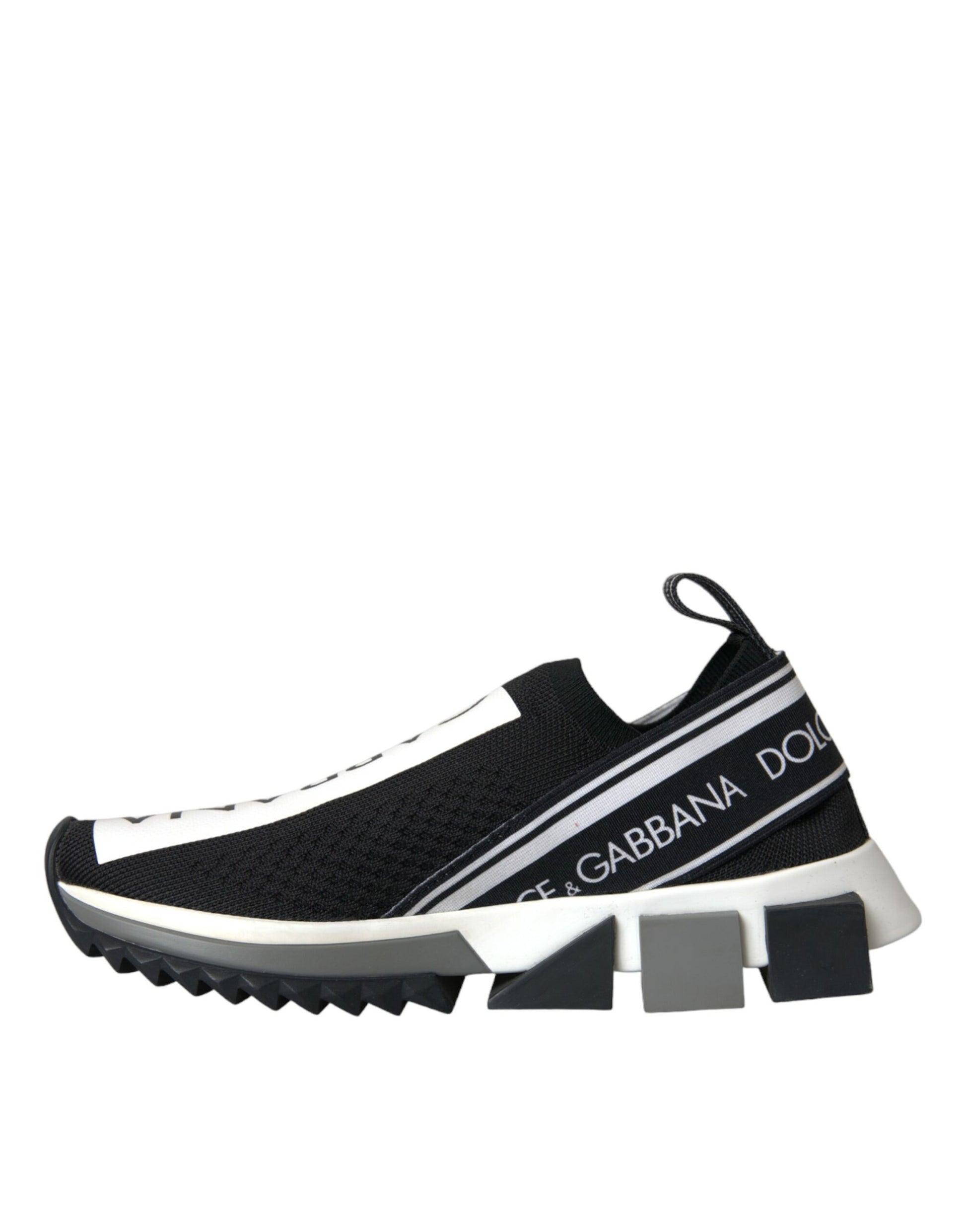Black sneaker with white stripes and logo on side