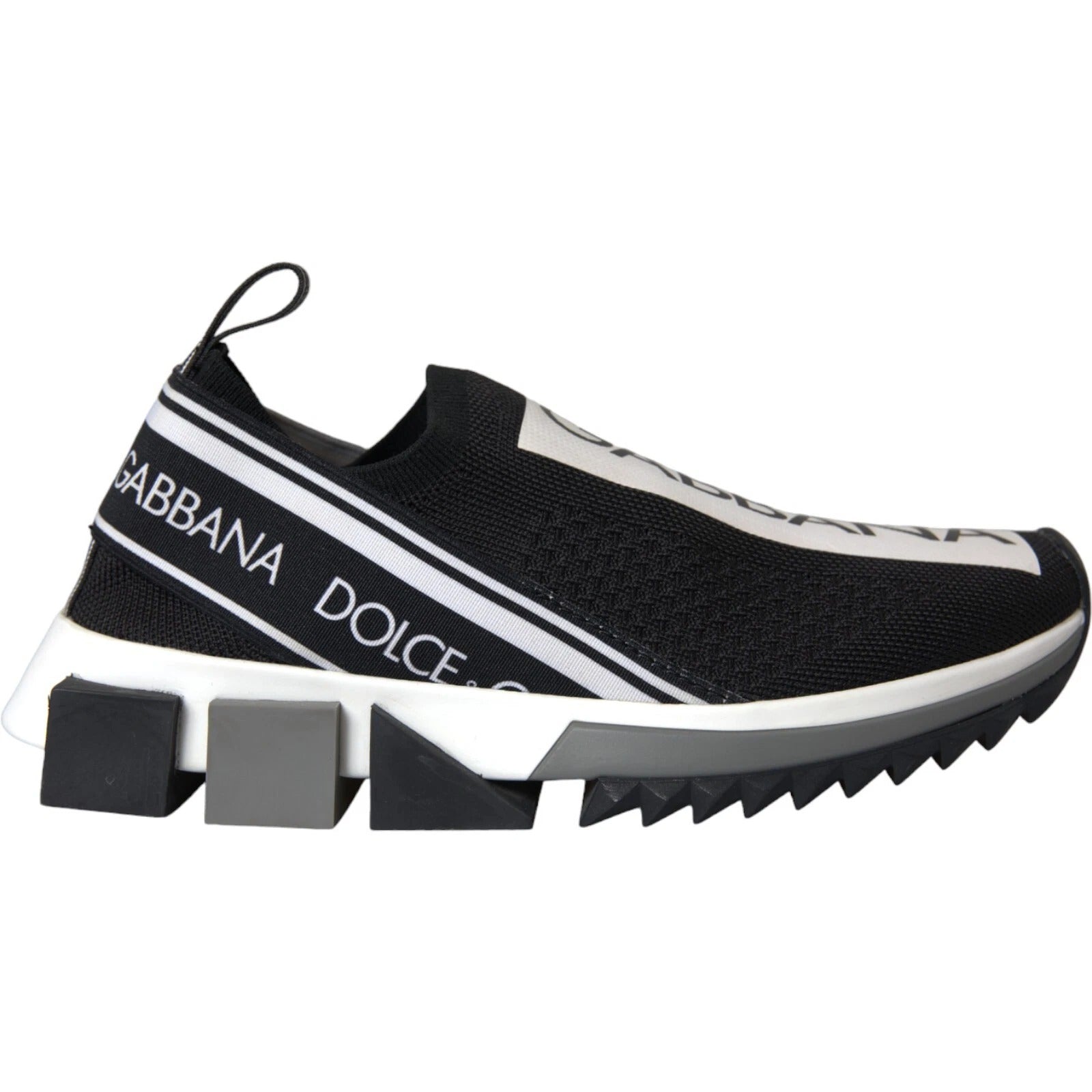 Black sneaker with white stripes and logo on side