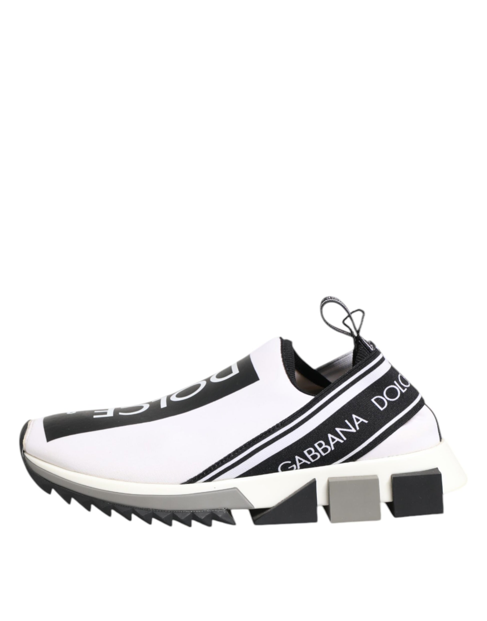 A pair of black and white slip-on shoes with the Dolce & Gabbana logo