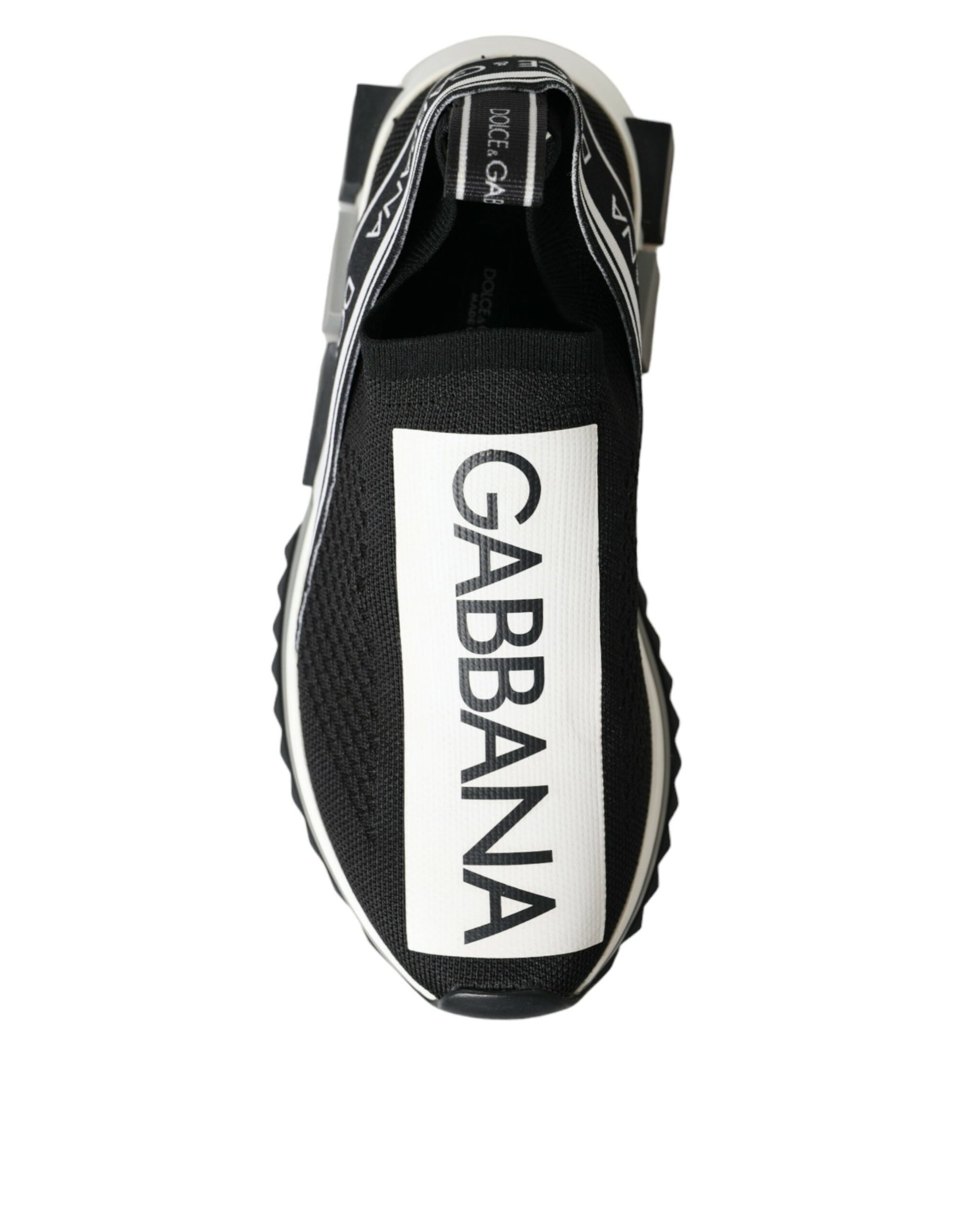 Black and white sneaker with brand name on side