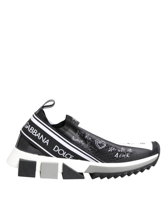 Black and white sneaker with brand name on side