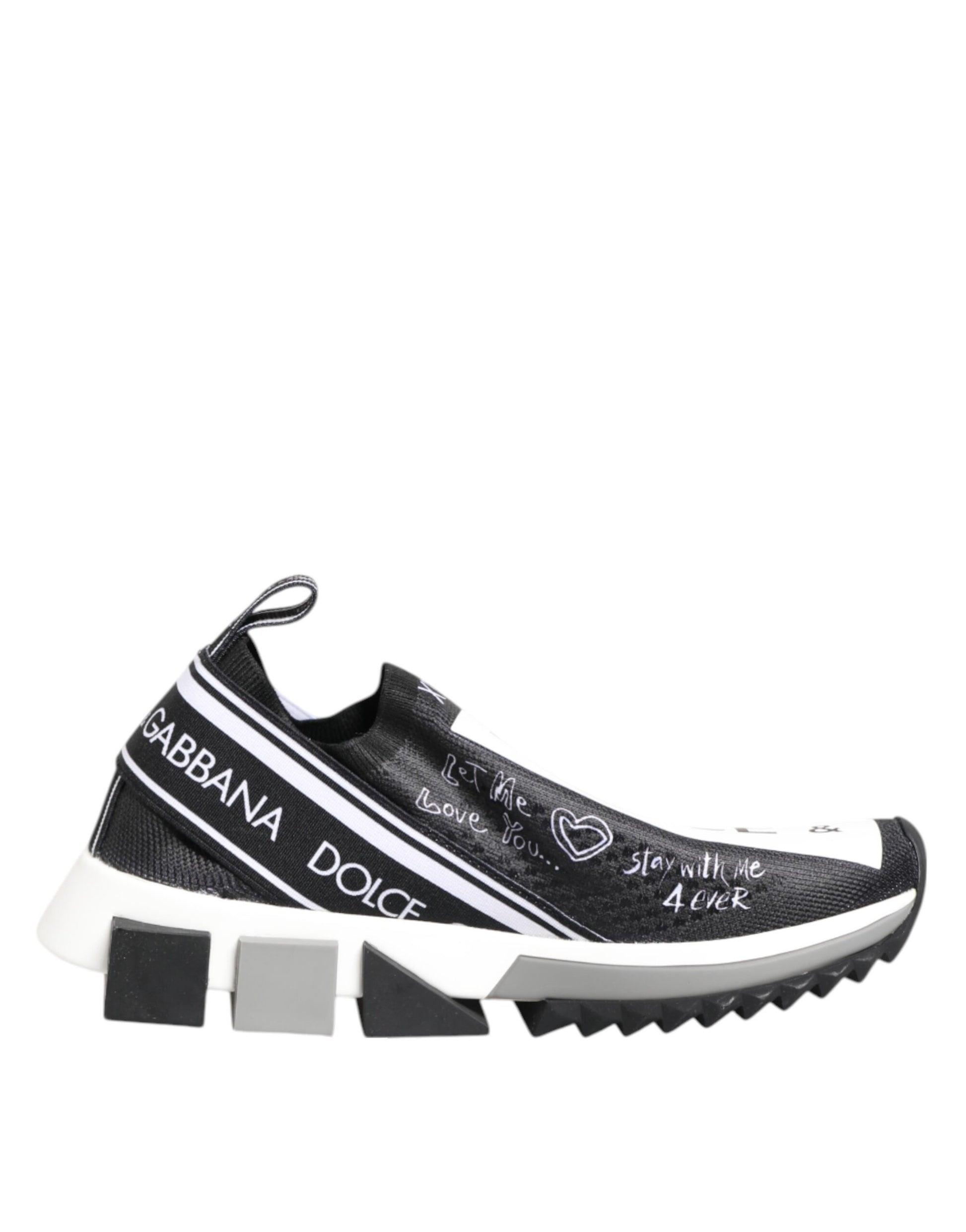 Black and white sneaker with brand name on side