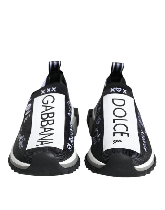 Pair of black and white sneakers with brand names on side