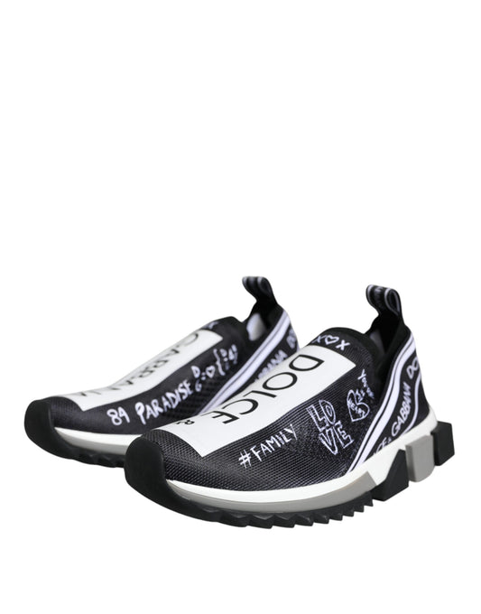 Pair of black and white sneakers with writing on them