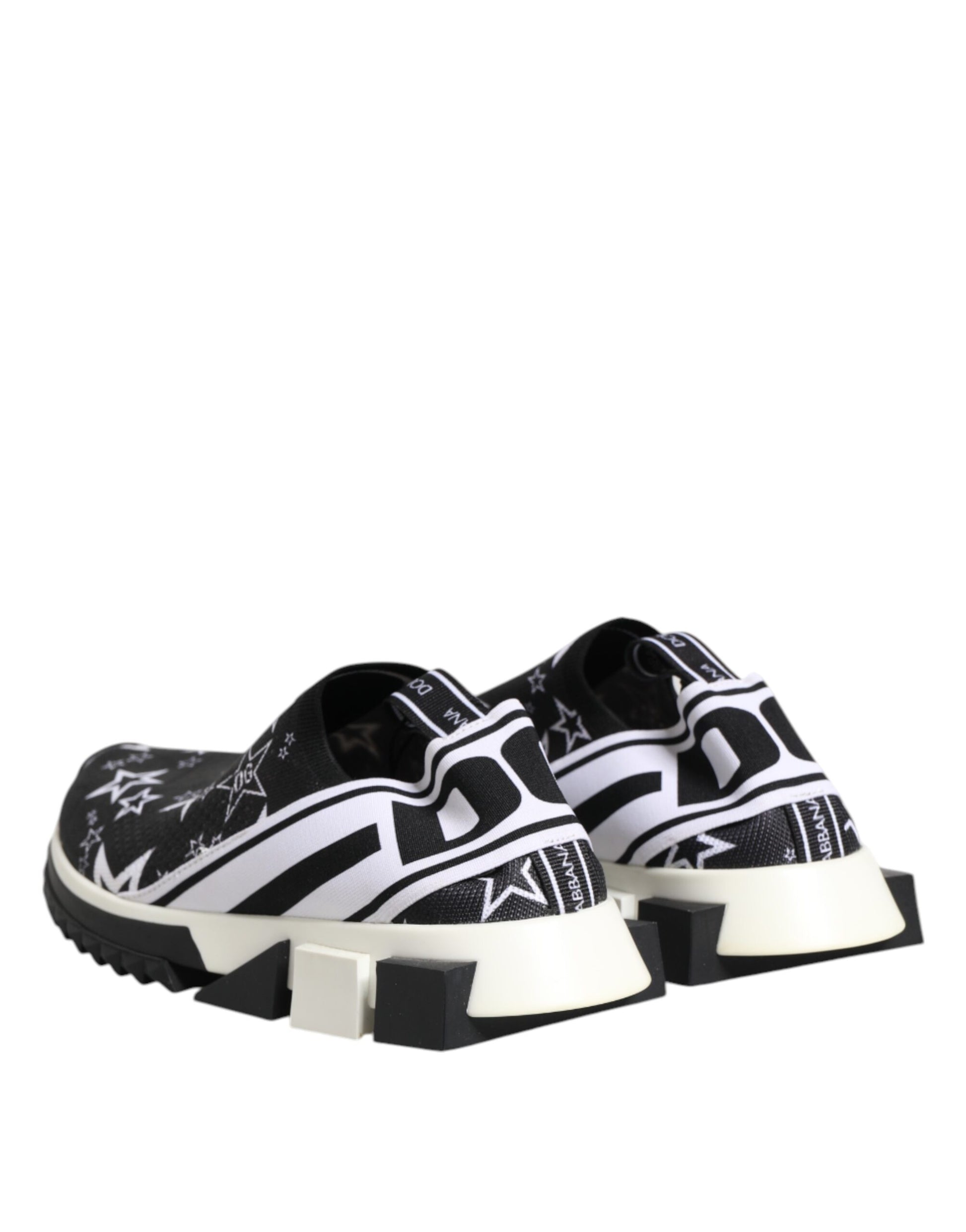 Pair of black and white sneakers with a patterned design on the side