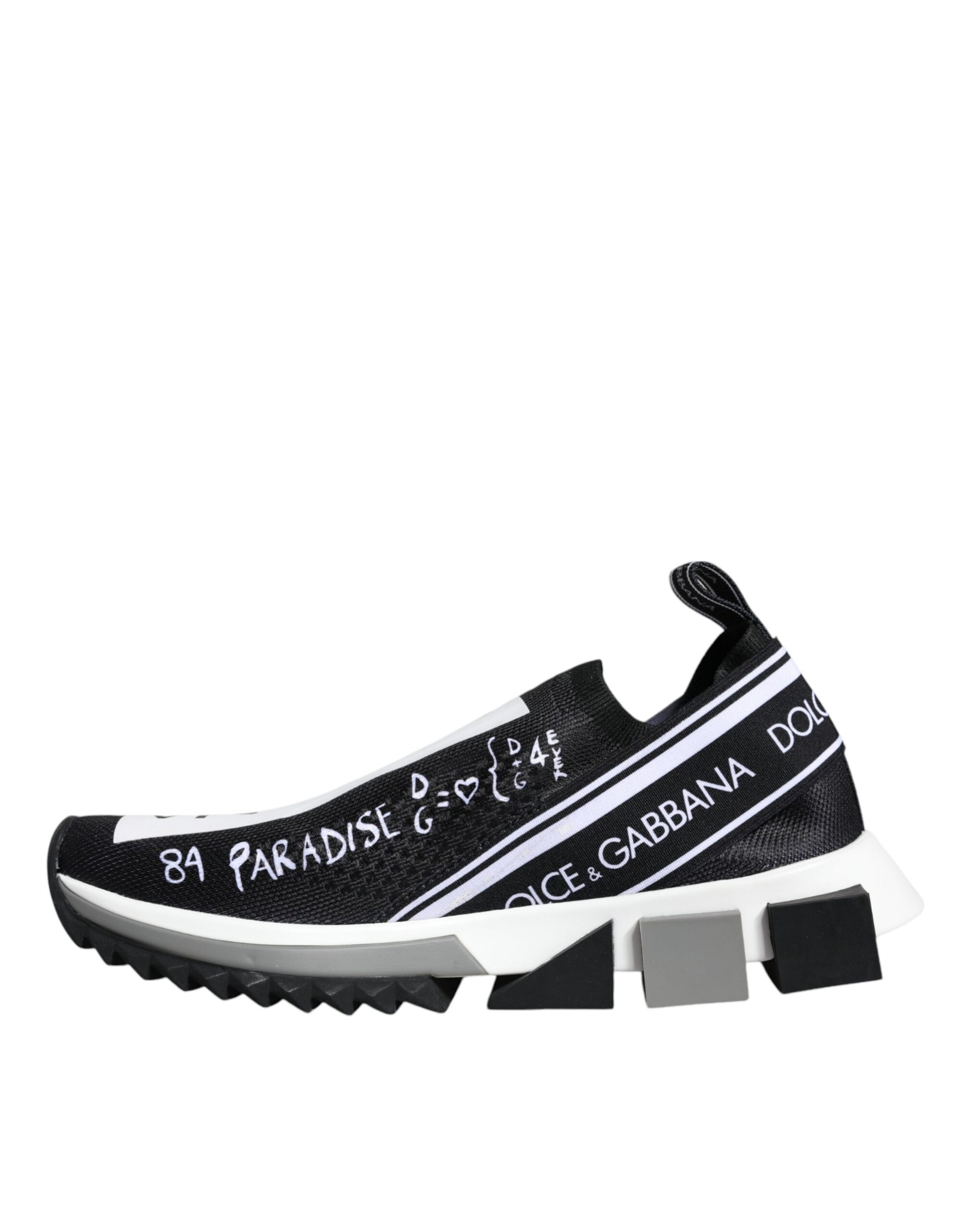 Black and white sneaker with text on side