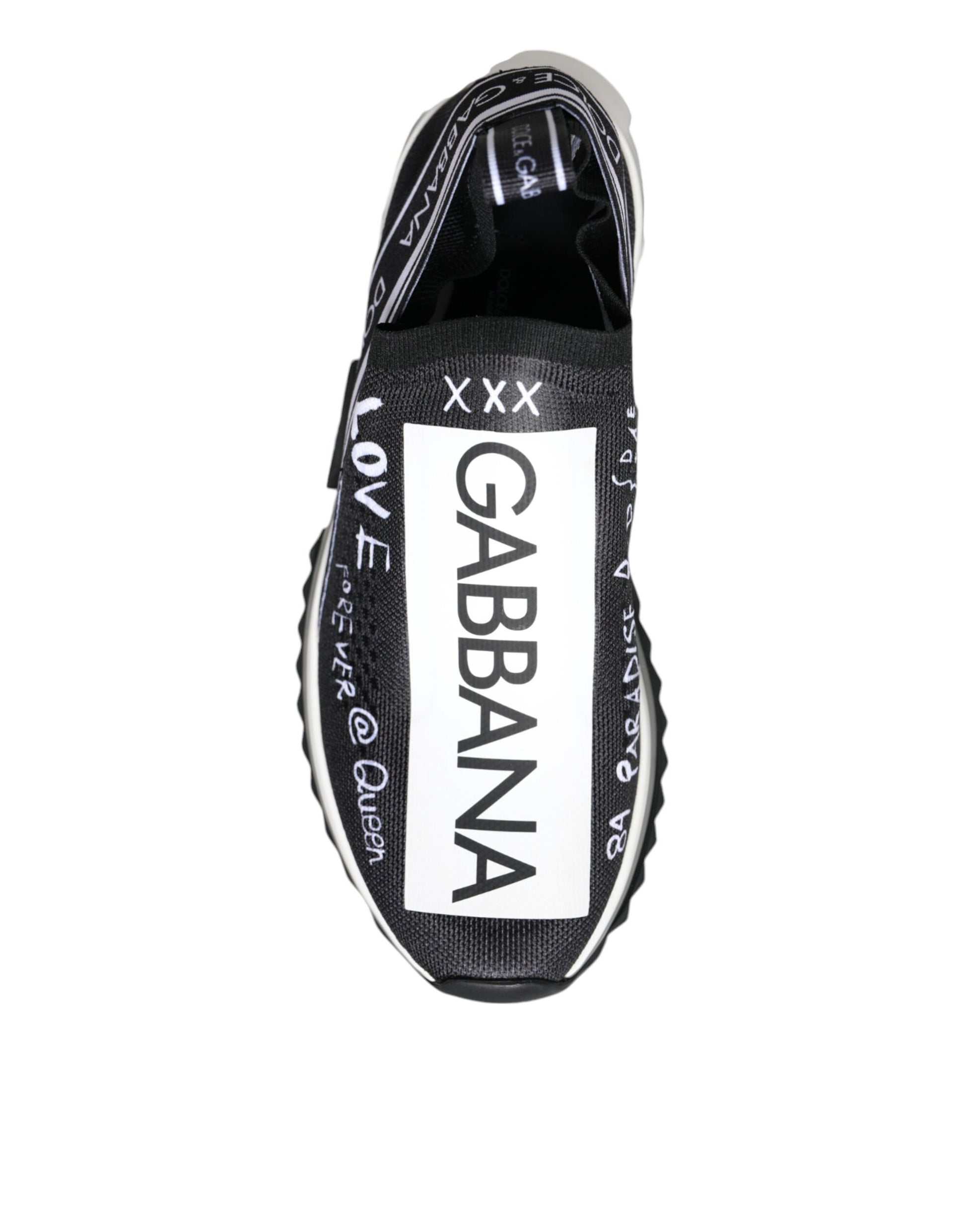 Black and white sneaker with brand name on side