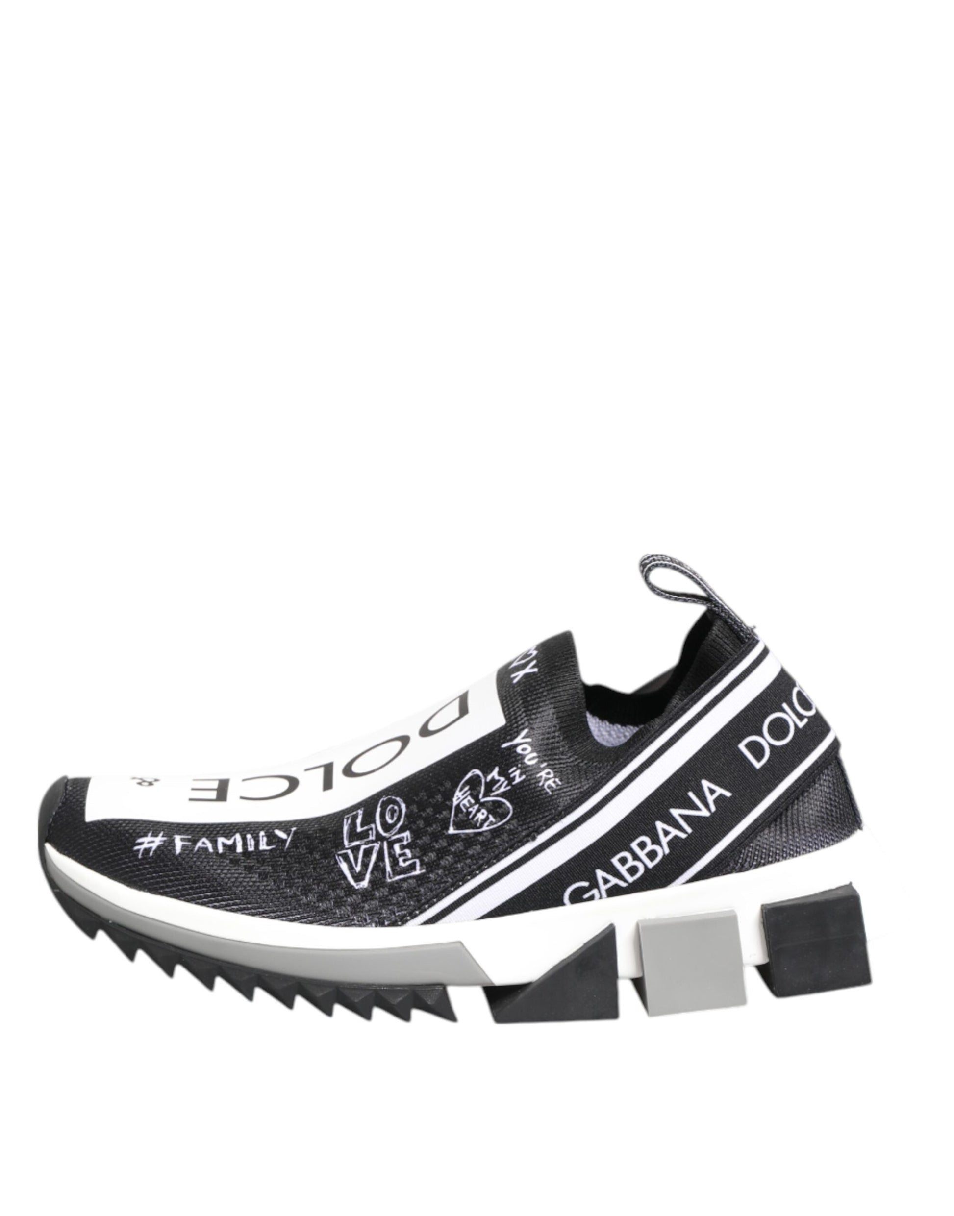 Black and white sneaker with brand name on side