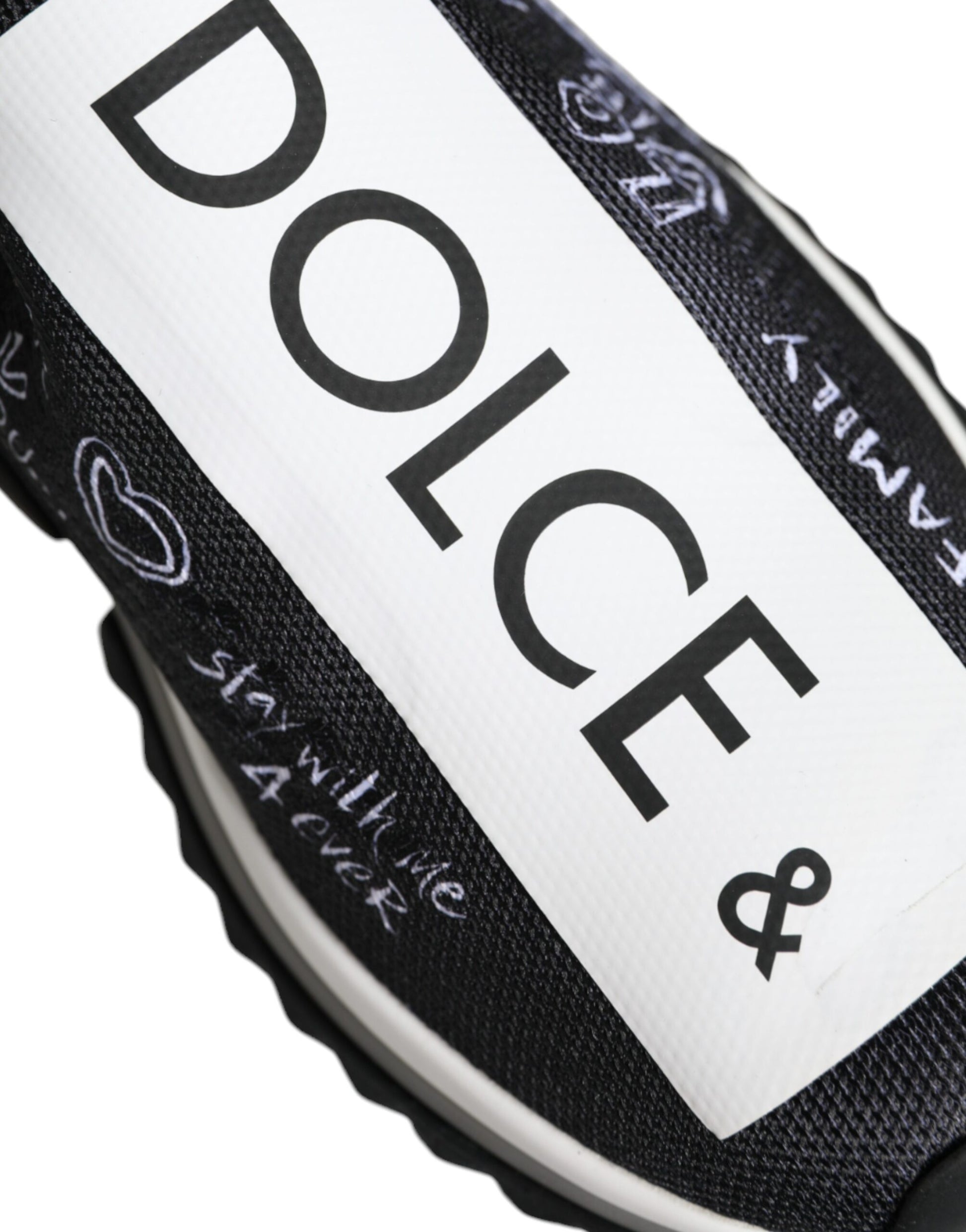 Black and white sneaker with brand name on side