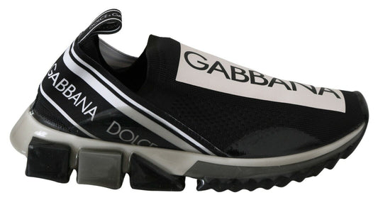 Black and white sneaker with brand name on side
