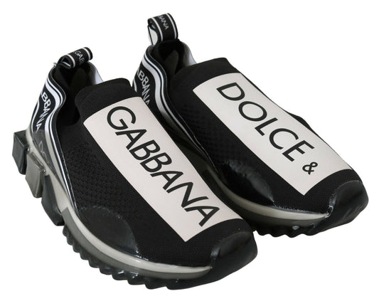 Black and white sneakers with brand names on side