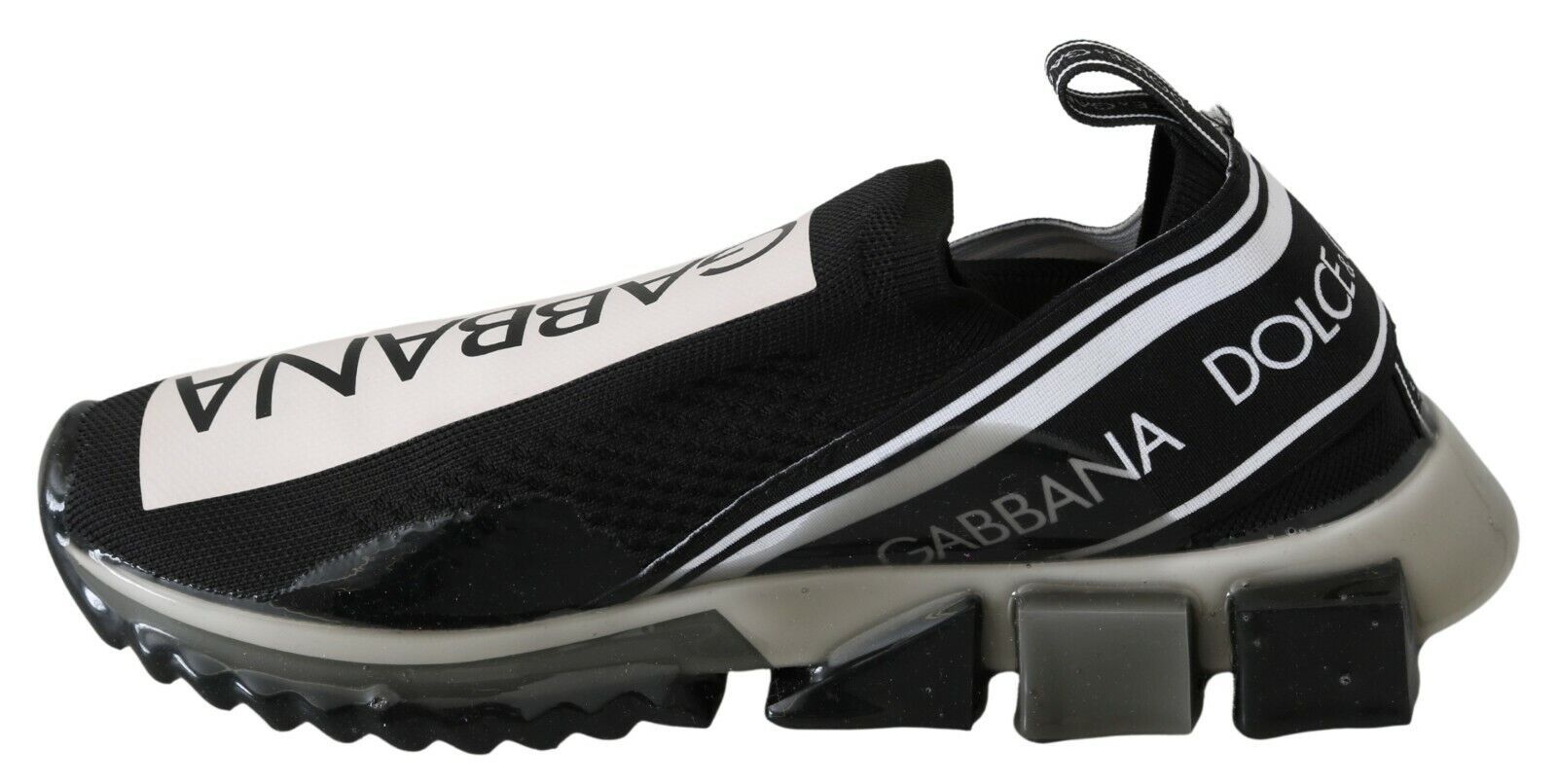 Black and white sneaker with a strap across the top