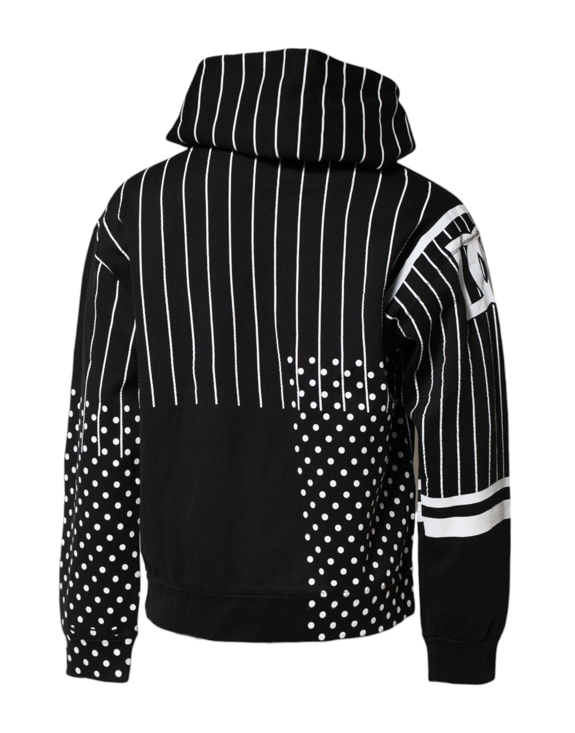 Black hoodie with white stripes and polka dots on sleeves