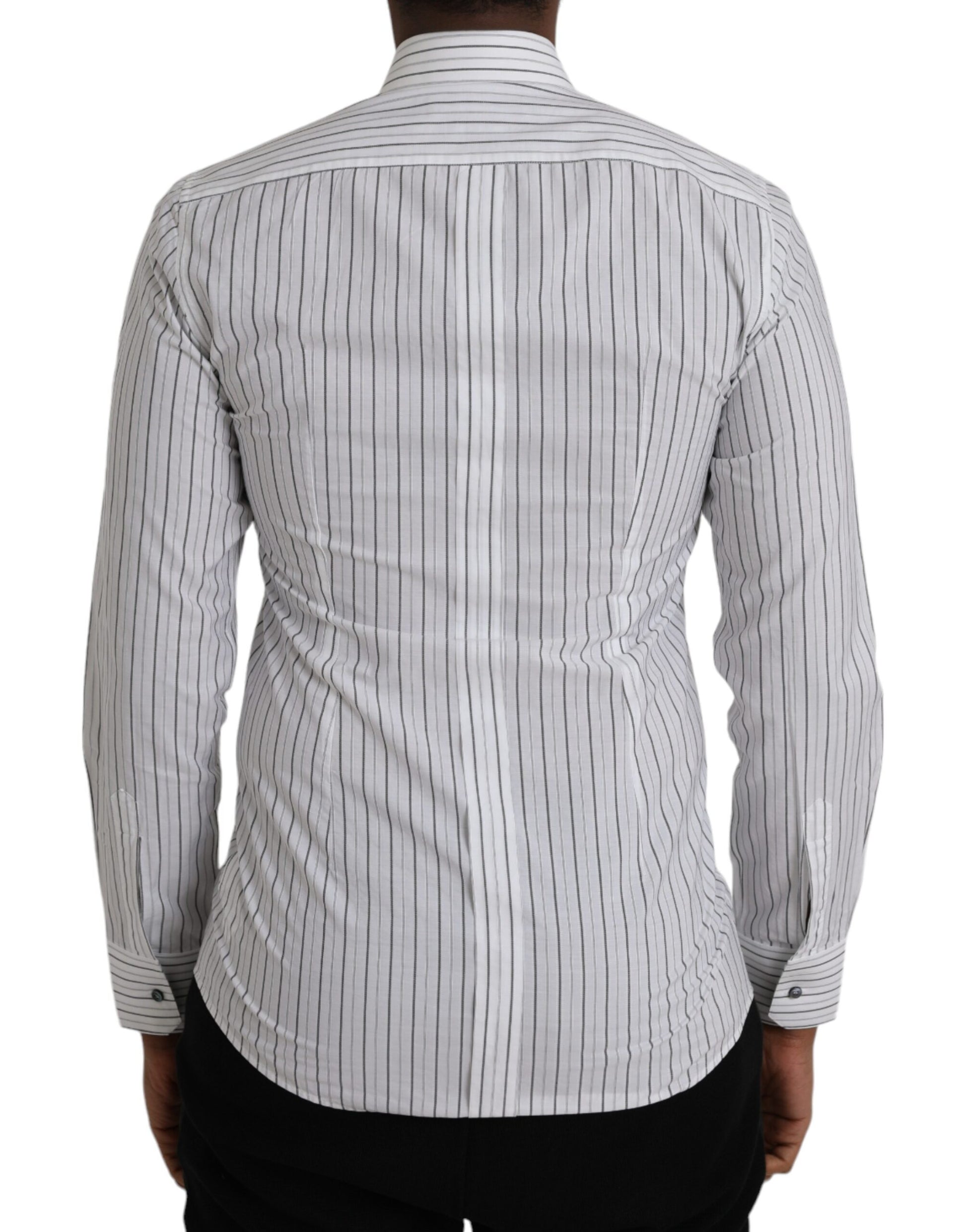 Men's black and white striped formal dress shirt with a gold accent