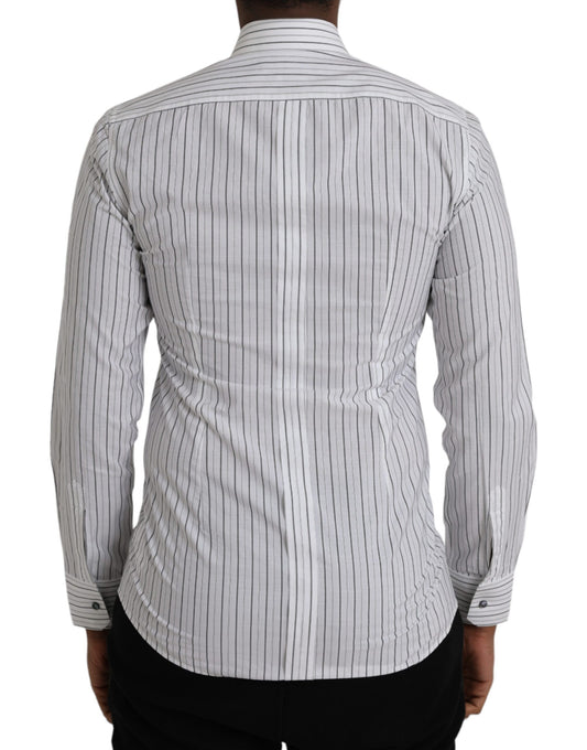 Men's black and white striped formal dress shirt with a gold accent