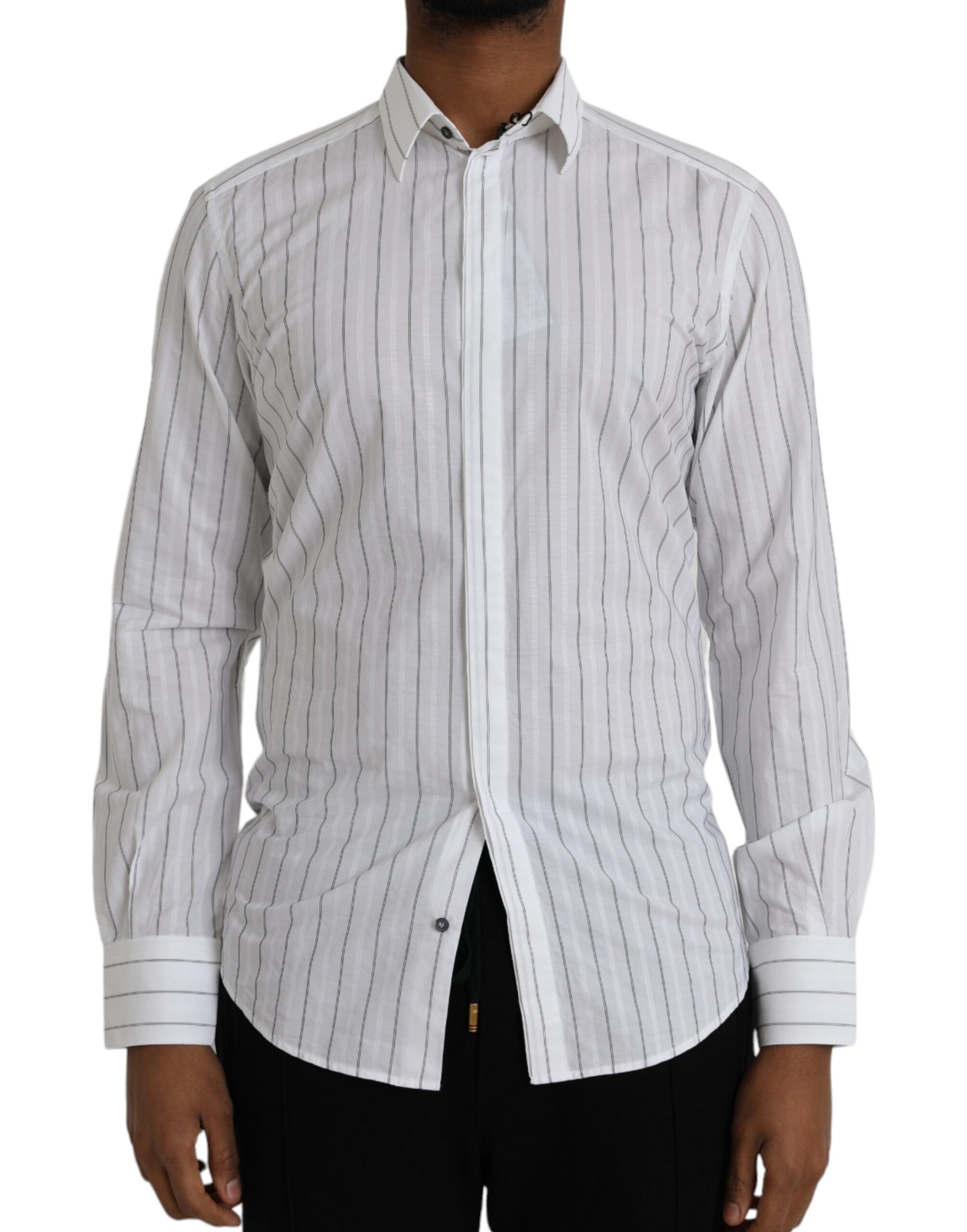 Men's black and white striped formal dress shirt with collar, long sleeves, and button-up front