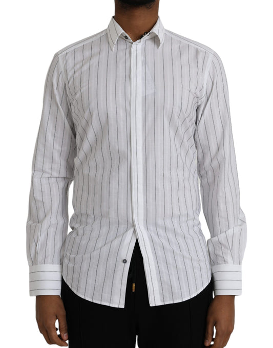 Men's black and white striped formal dress shirt with collar, long sleeves, and button-up front