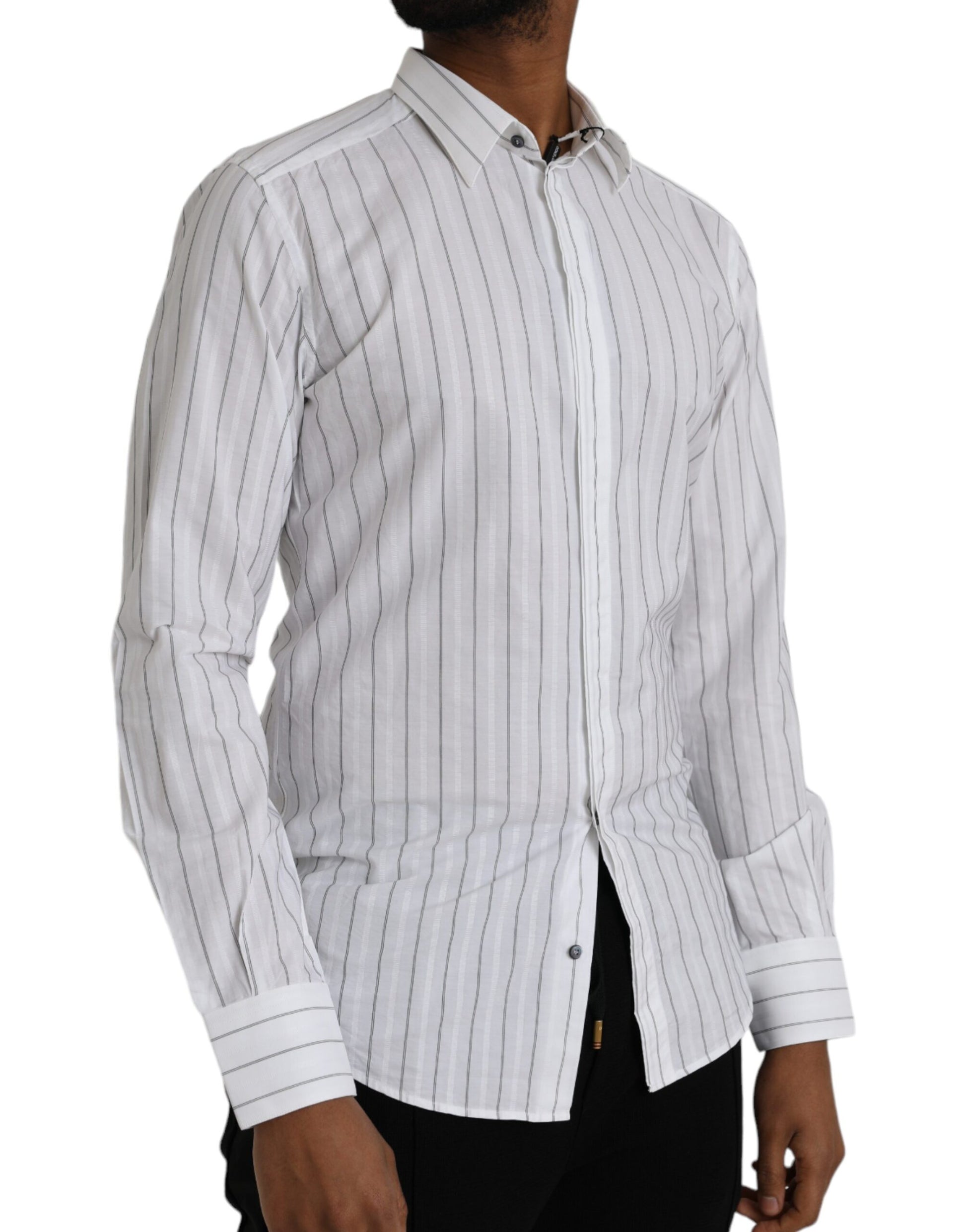 Men's black and white striped formal dress shirt with gold buttons