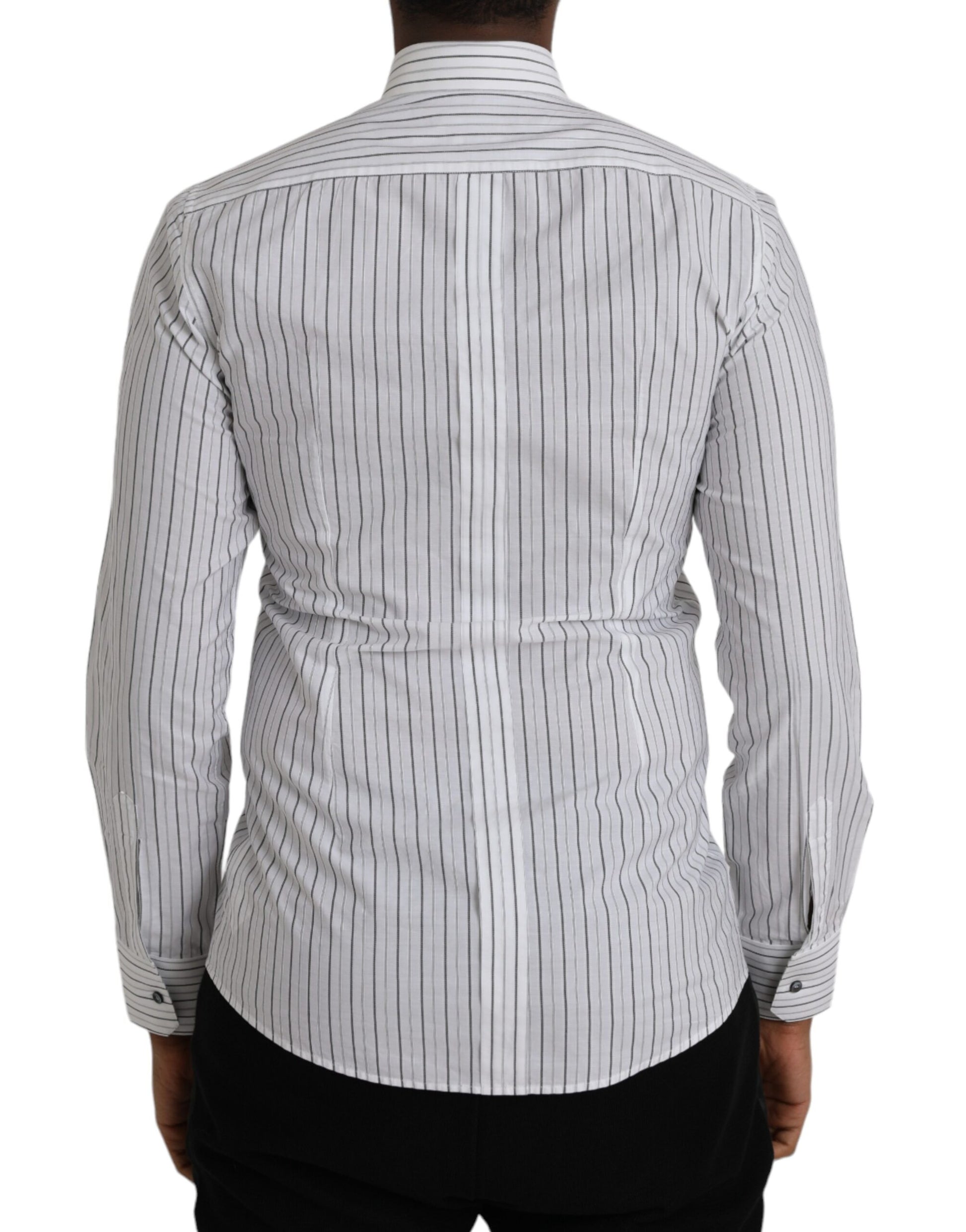 Men's black and white striped dress shirt with collar, long sleeves