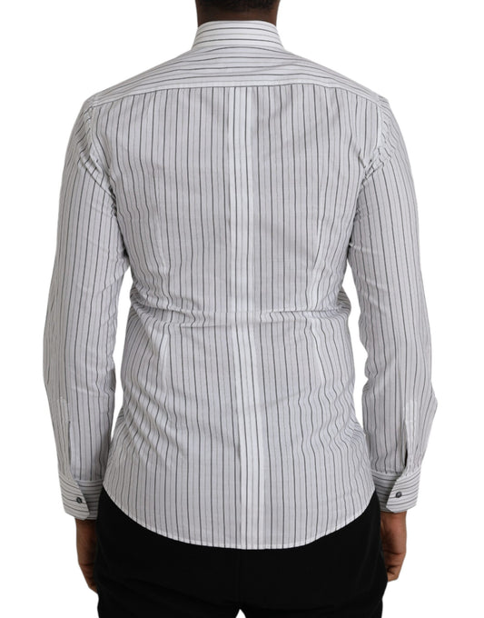 Men's black and white striped dress shirt with collar, long sleeves